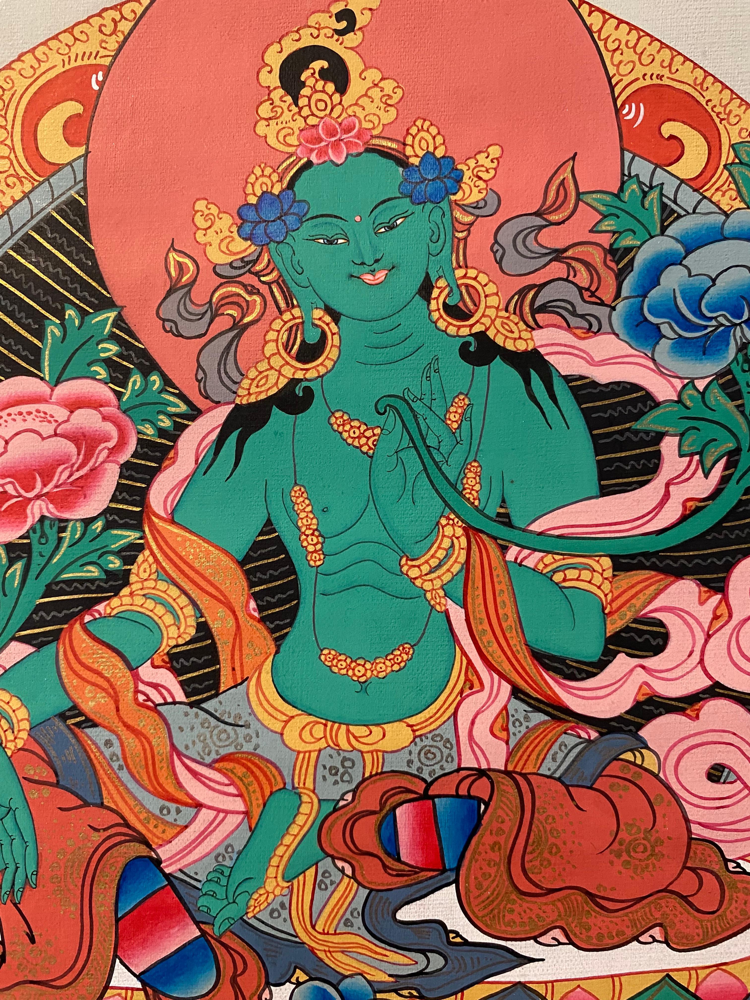 Thangka di Tara verde dipinto a mano e non incorniciato su tela con oro 24 carati in vendita 3
