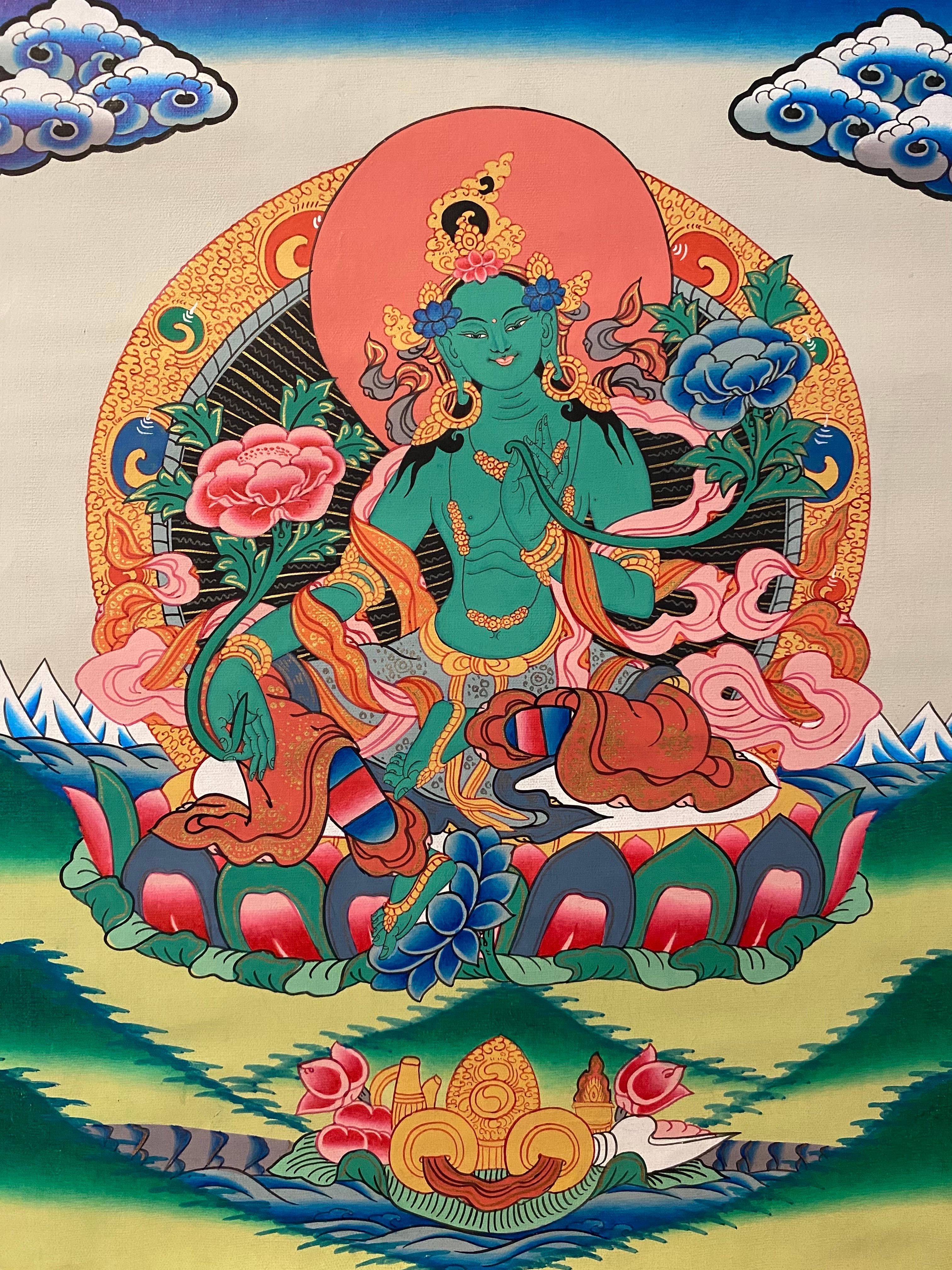 Unknown Figurative Painting - Unframed Hand Painted Green Tara Thangka on Canvas 24K Gold