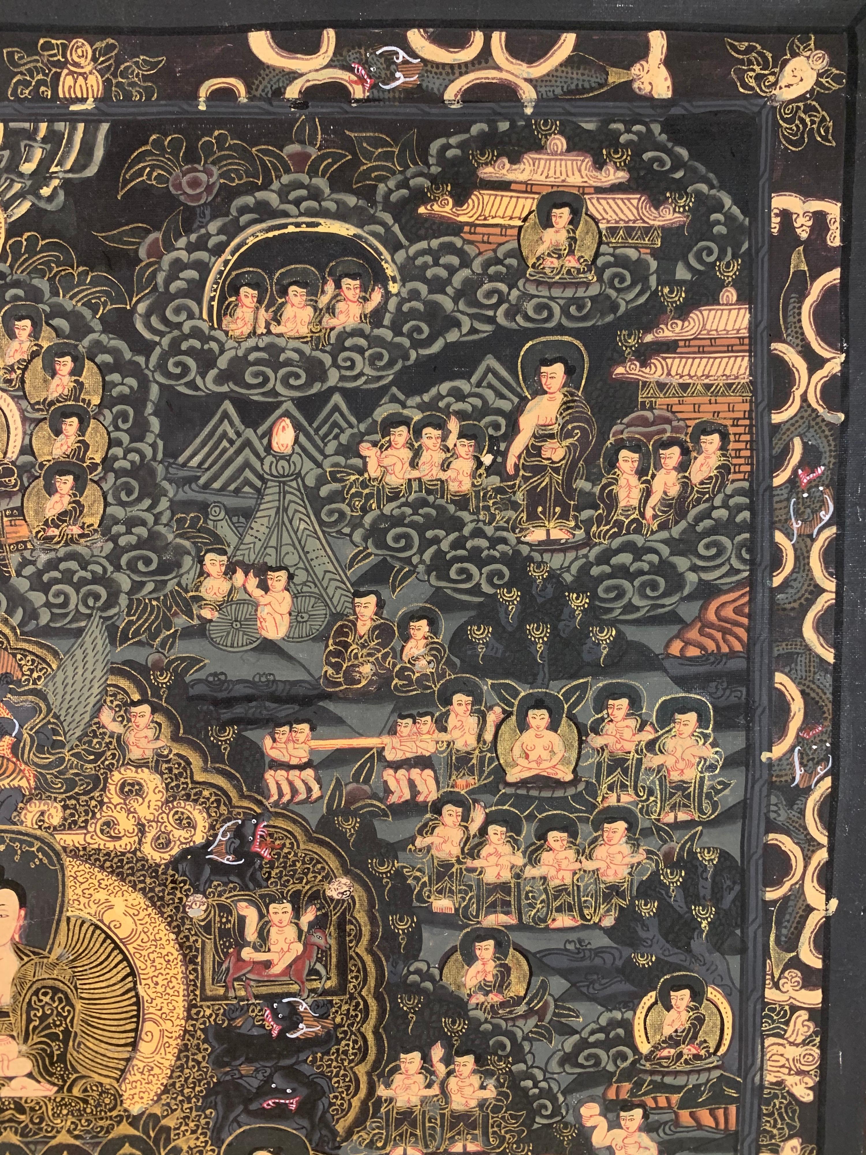 Unframed hand painted History Buddha thangka with 24K real gold by highly skilled artist. This elaborated painting shows different stages of life of Buddha. Center image is of Buddha meditating and the surrounding images depict the different stages