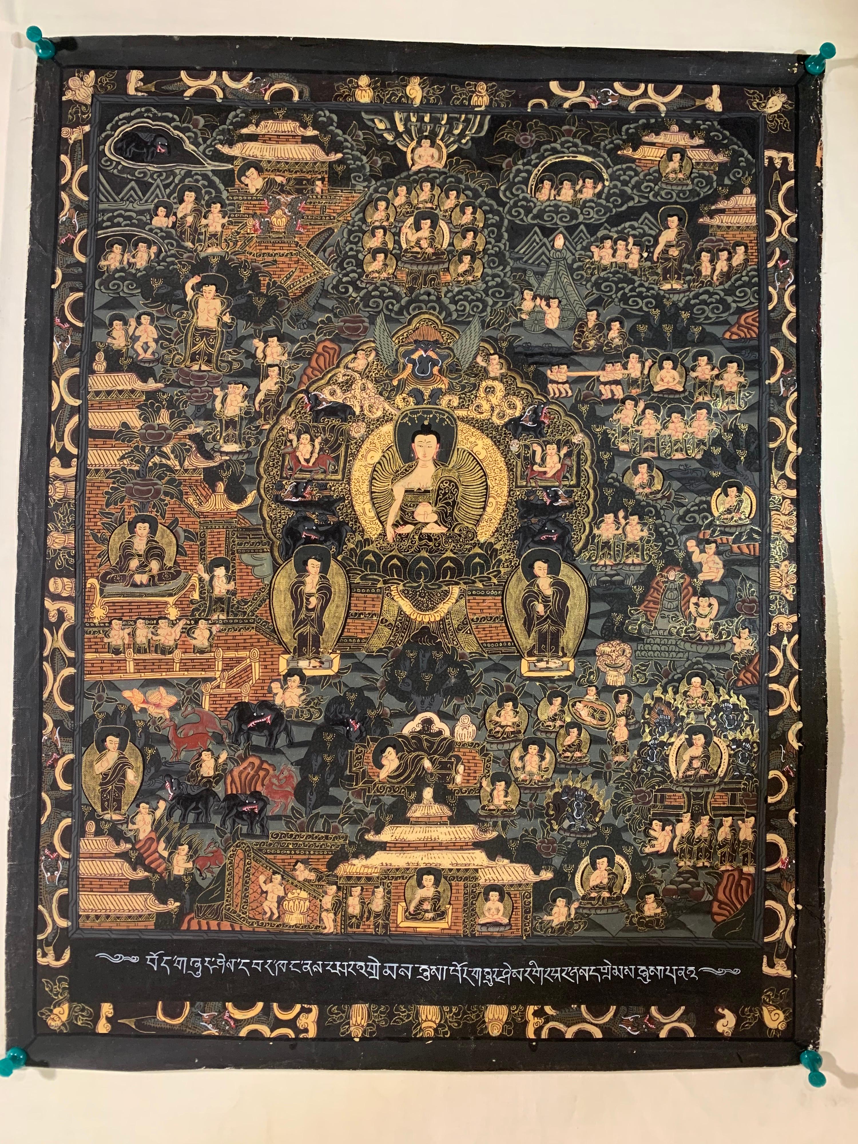 Thangka sur toile avec Bouddha d'histoire, non encadré et peint à la main, en or 24 carats
