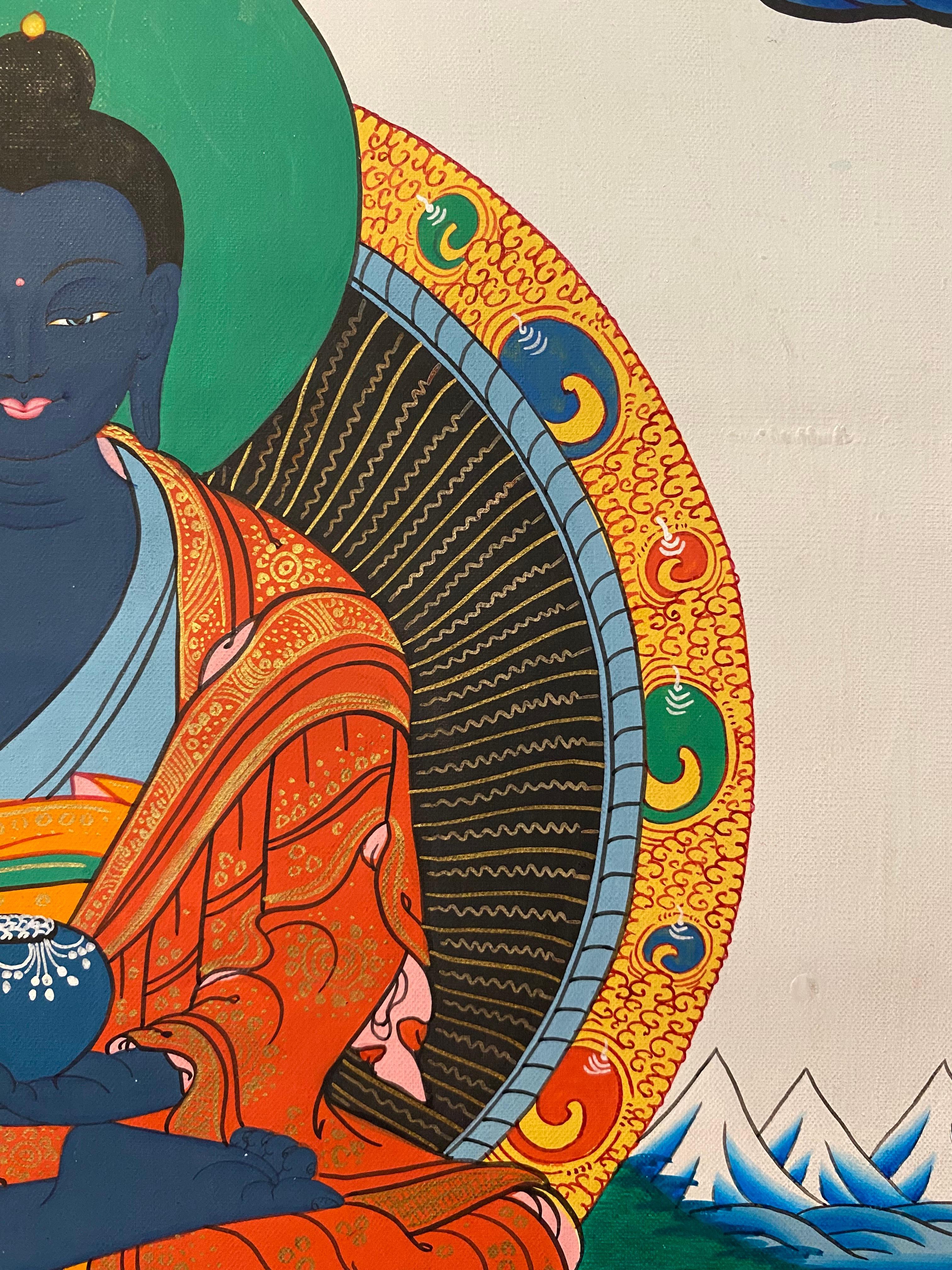 Unframed Hand Painted Medicine Buddha Thangka on Canvas 24K Gold For Sale 6