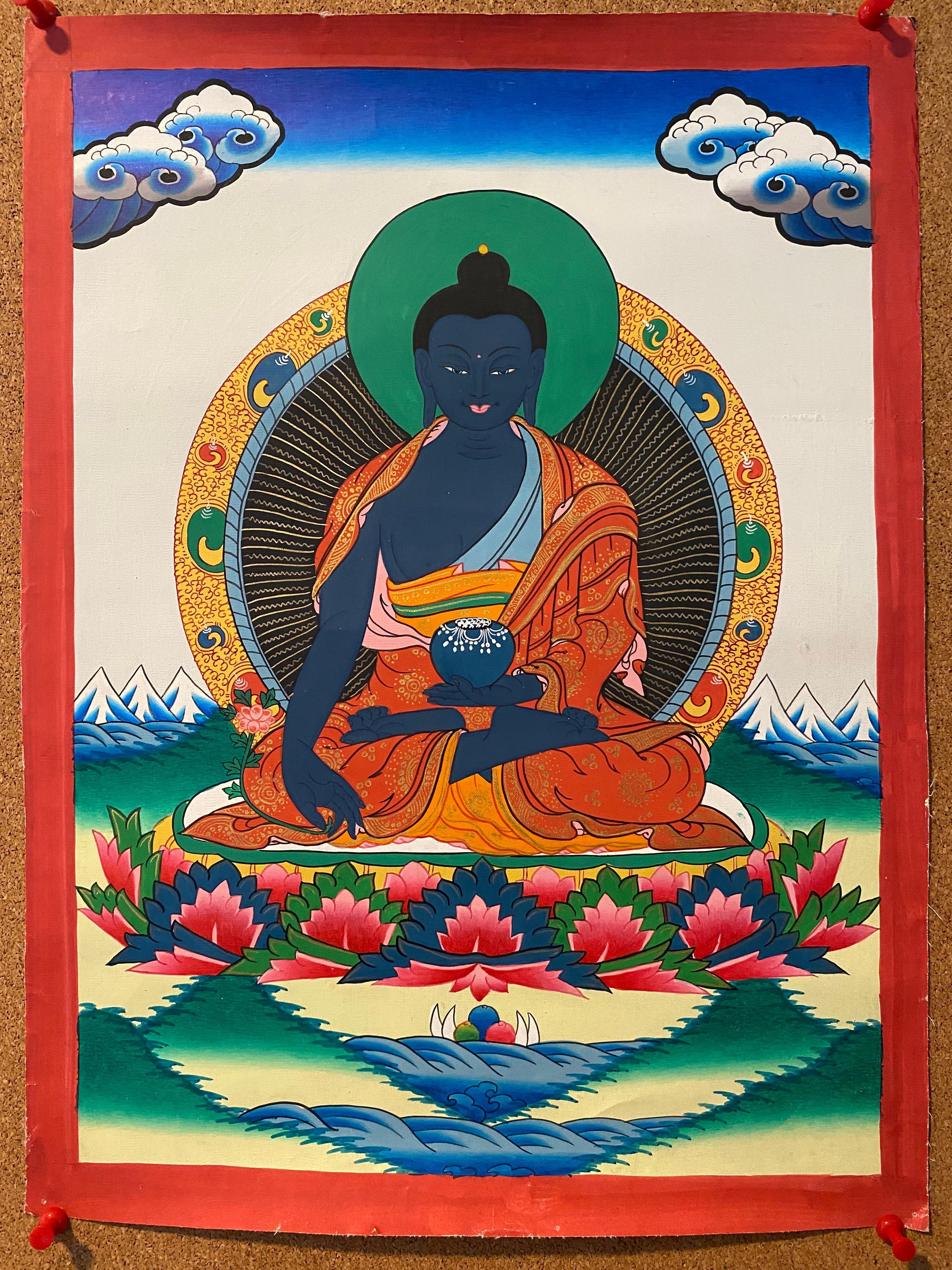 Unframed Hand Painted Medicine Buddha Thangka on Canvas 24K Gold - Painting by Unknown