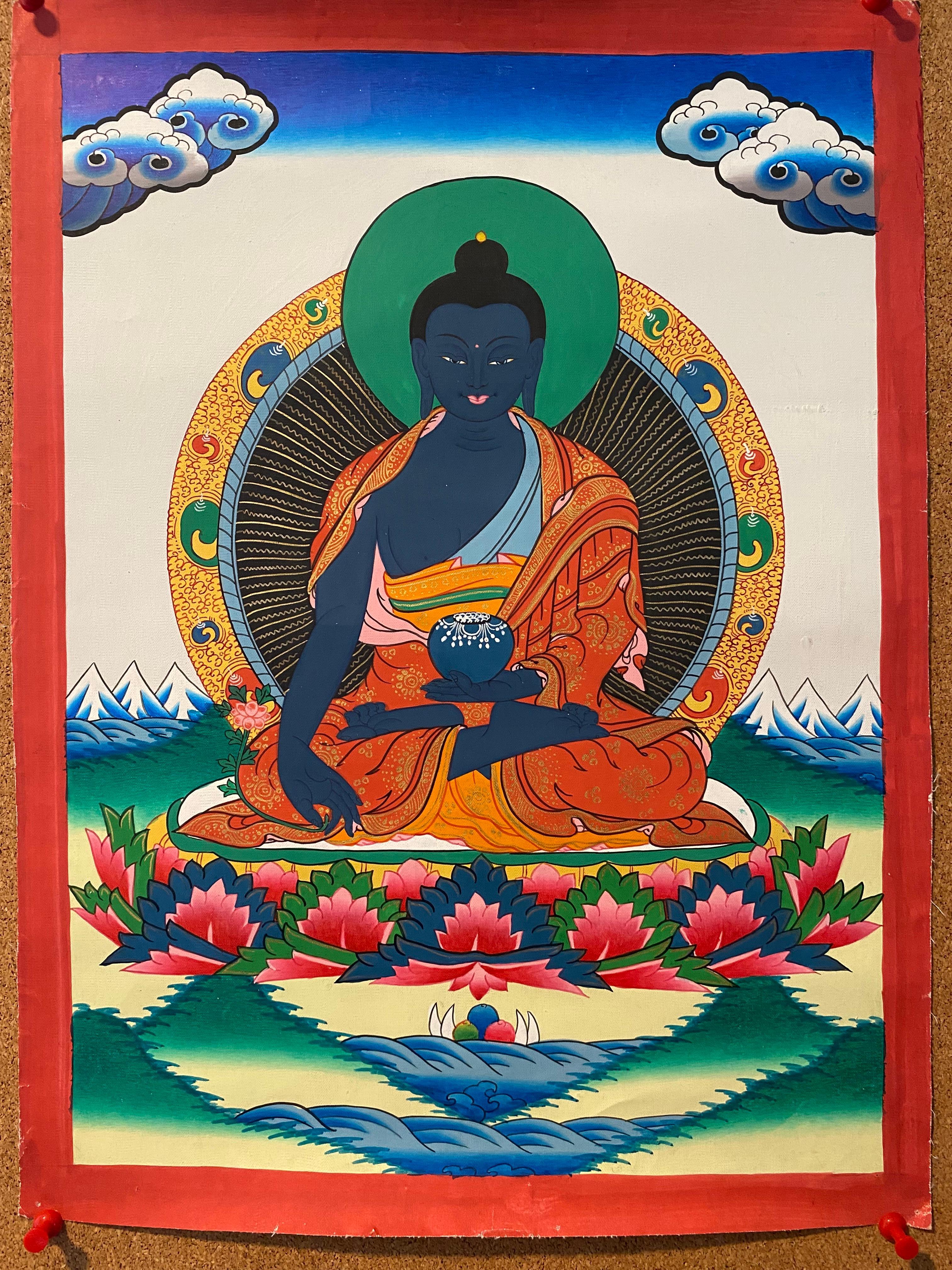 Unframed Hand Painted Medicine Buddha Thangka on Canvas 24K Gold - Other Art Style Painting by Unknown