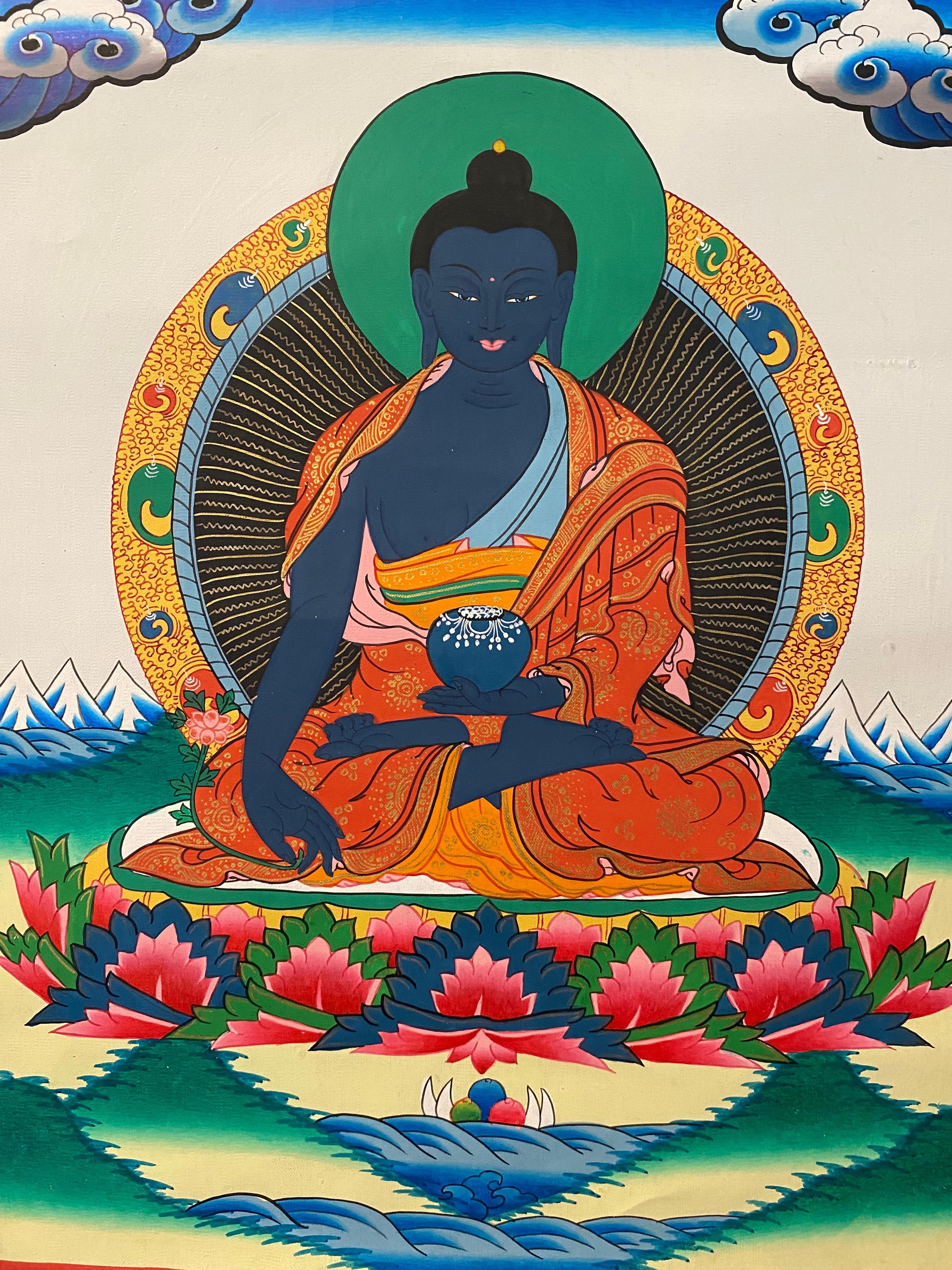 Unframed Medicine Buddha thangka is hand painted on Canvas. 
Medicine Buddha is known as 