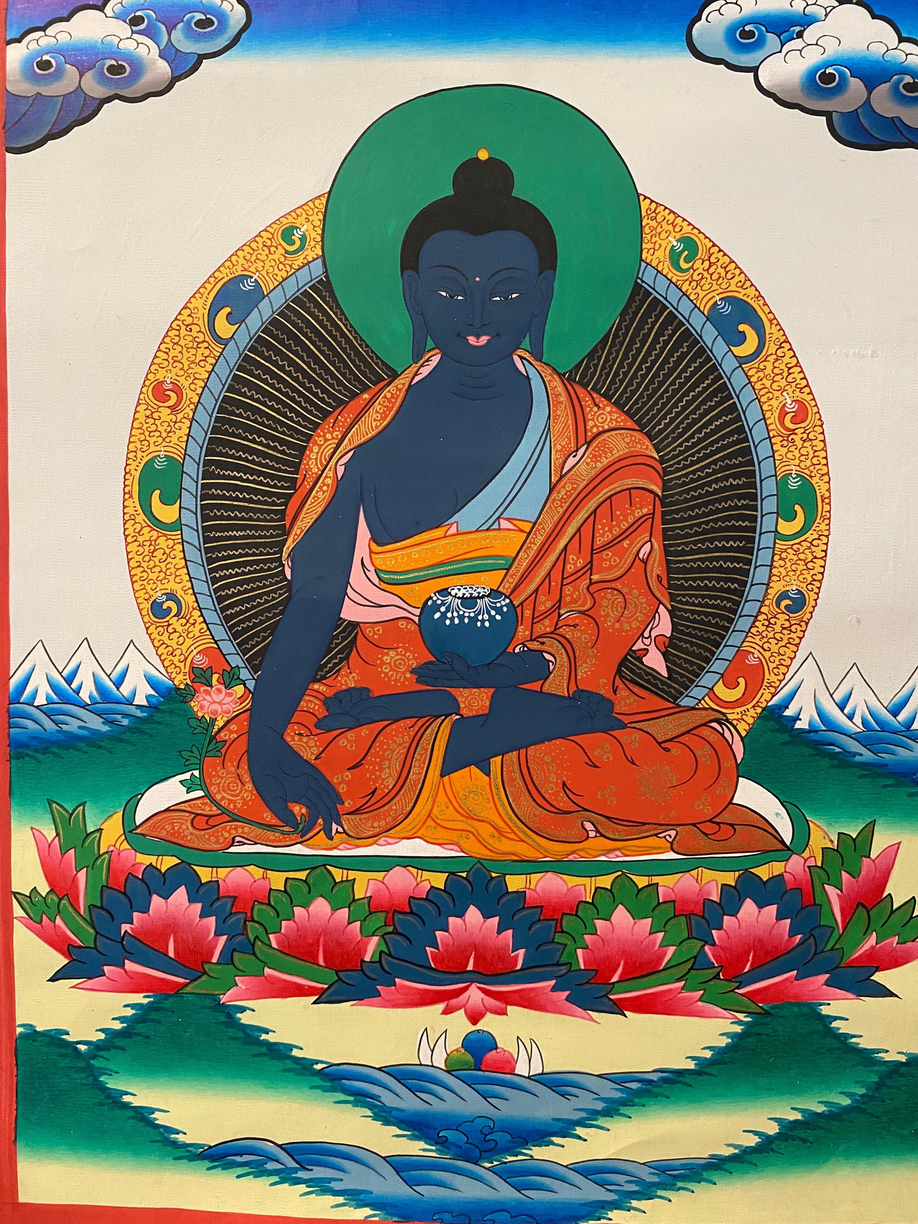Unframed Hand Painted Medicine Buddha Thangka on Canvas 24K Gold For Sale 1
