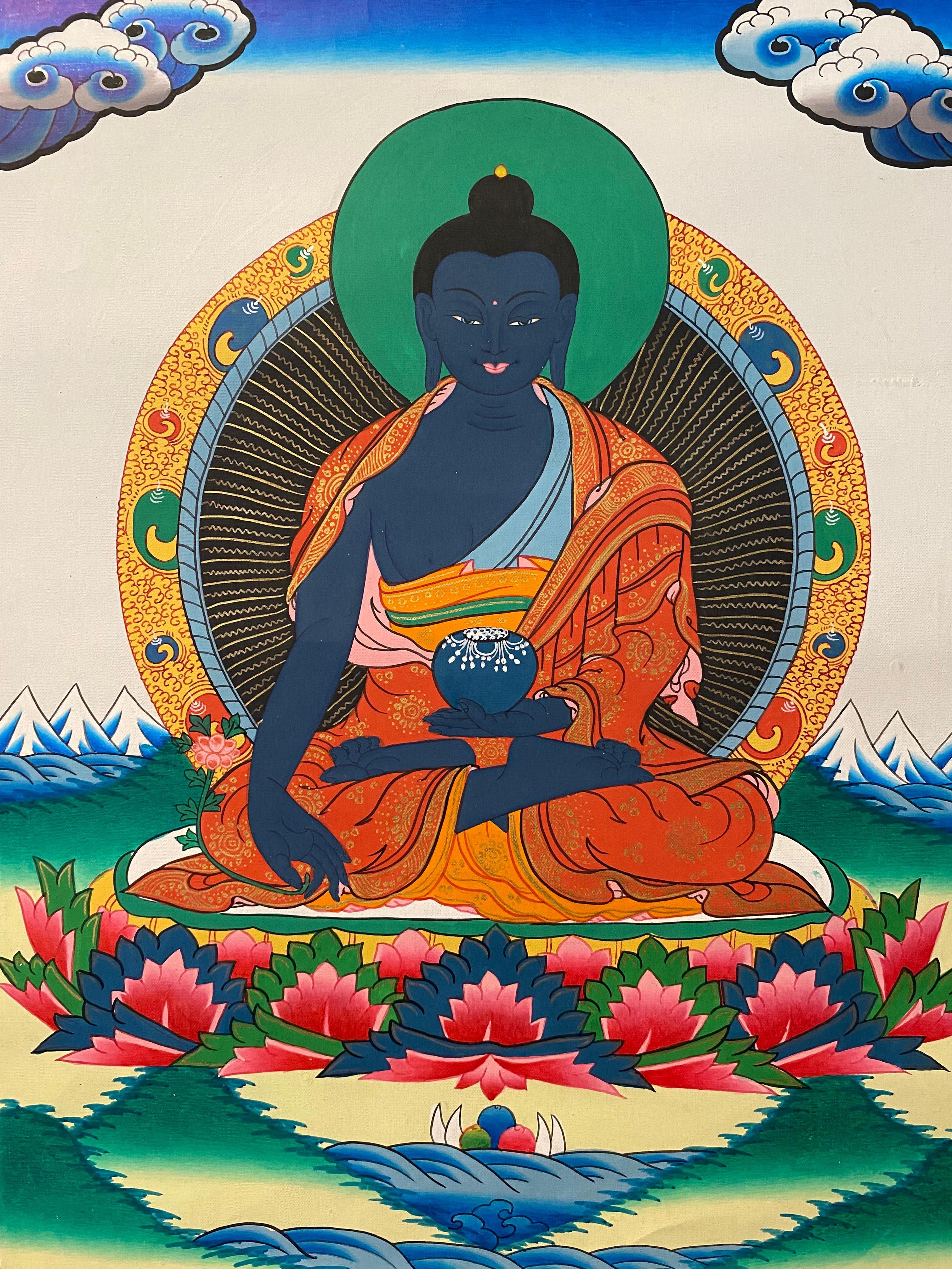 Unknown Figurative Painting - Unframed Hand Painted Medicine Buddha Thangka on Canvas 24K Gold