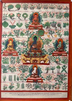 Unframed Hand Painted Thangka "Medicine Buddha" with Herbs on Canvas with Gold