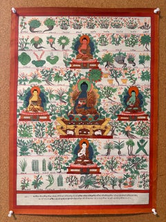 Unframed Hand Painted Thangka "Medicine Buddha" with Herbs on Canvas with Gold