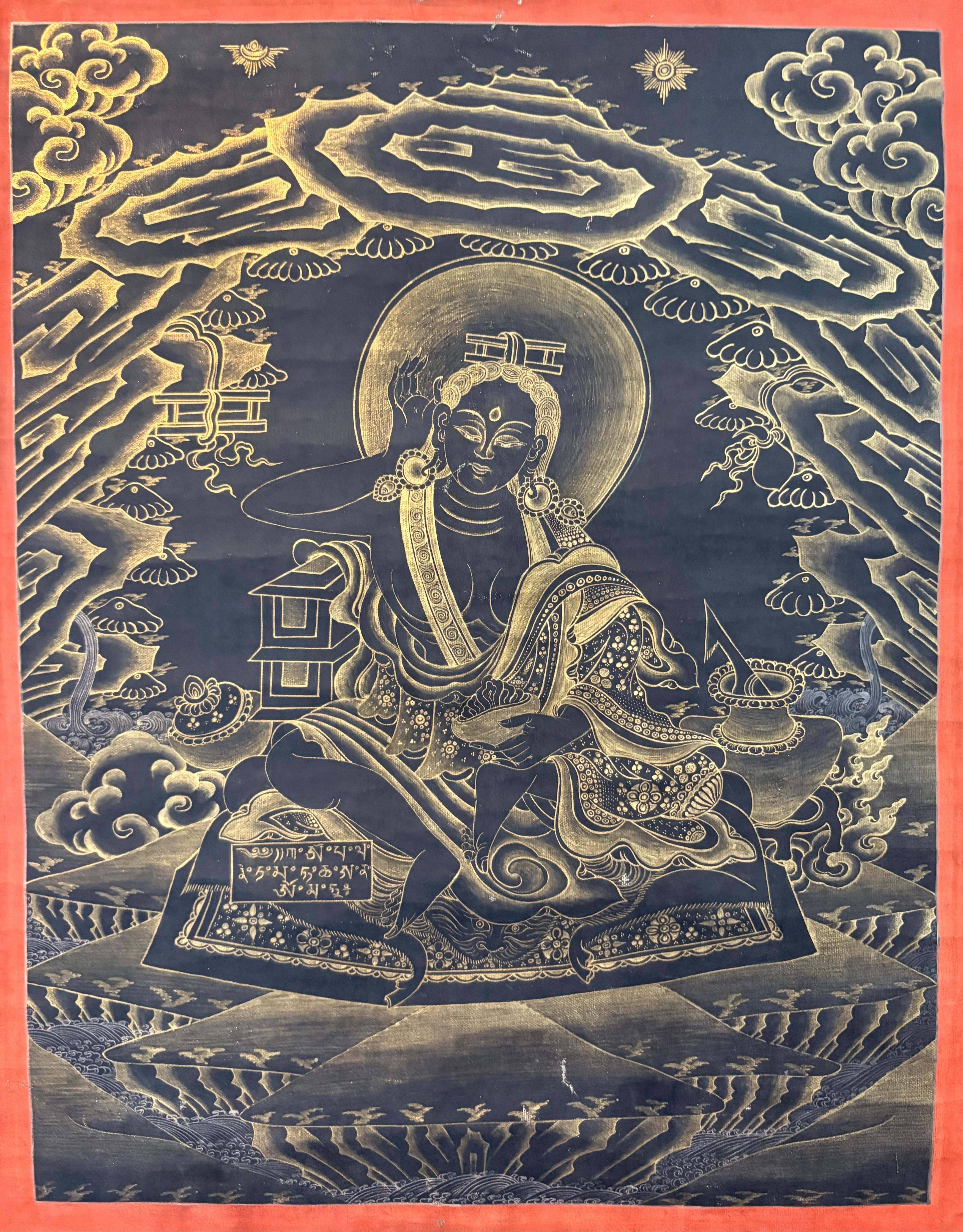 Unframed Hand Painted Thangka "Milarepa" on Canvas with 24K Gold