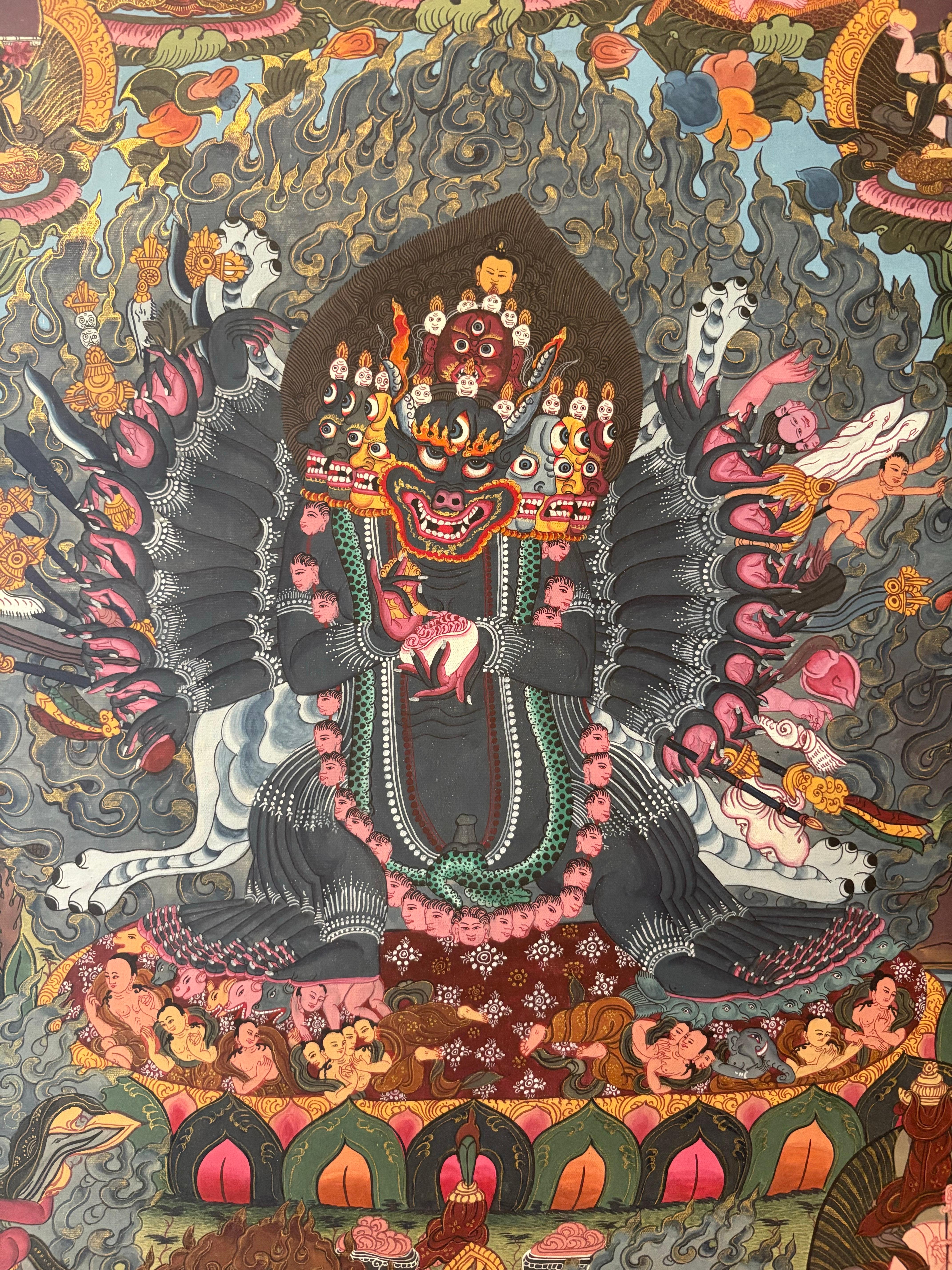 Unknown Figurative Painting - Unframed Hand Painted Thangka "Vajrabhairaba" on Canvas with 24K Gold
