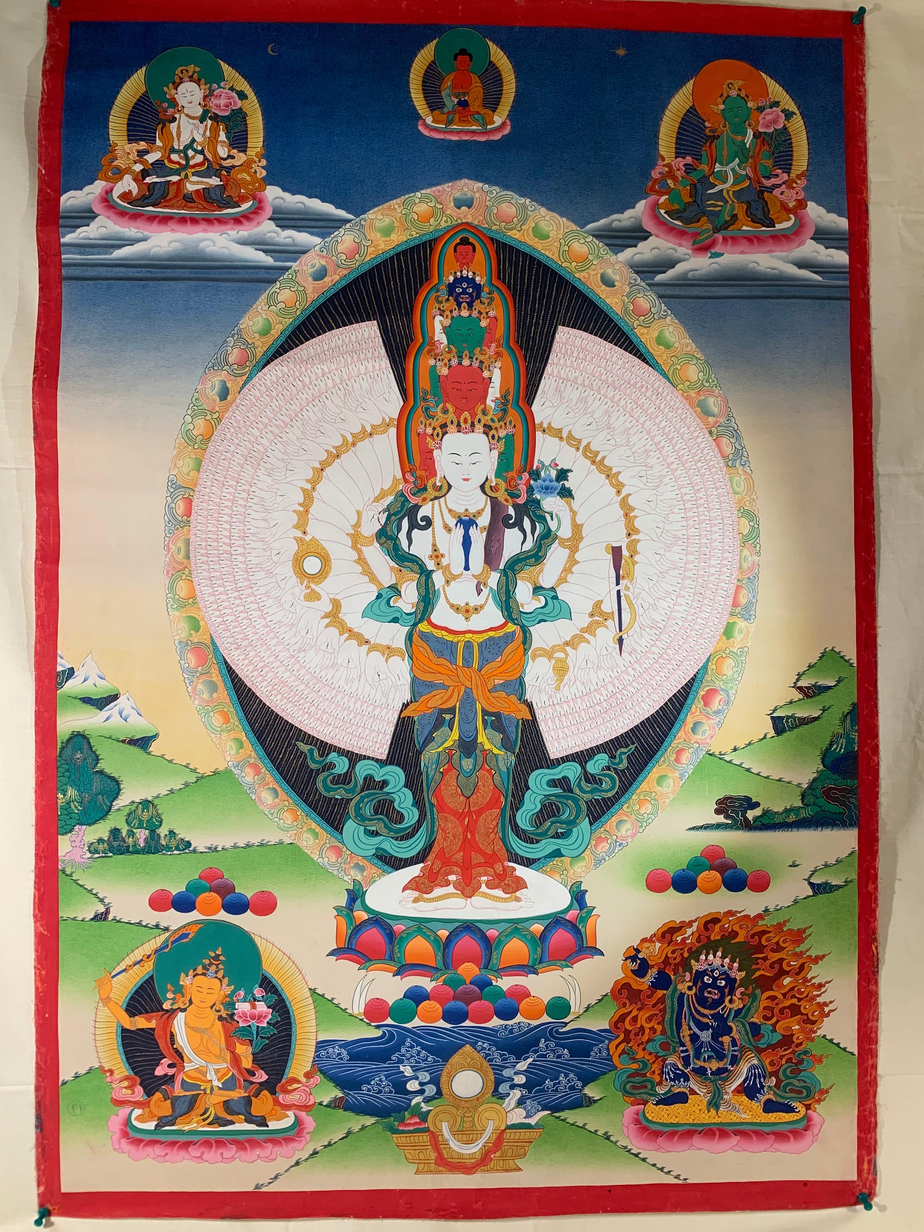 Unframed Hand Painted Thousand-armed Avalokitesvara Thangka on Canvas with Gold For Sale 5
