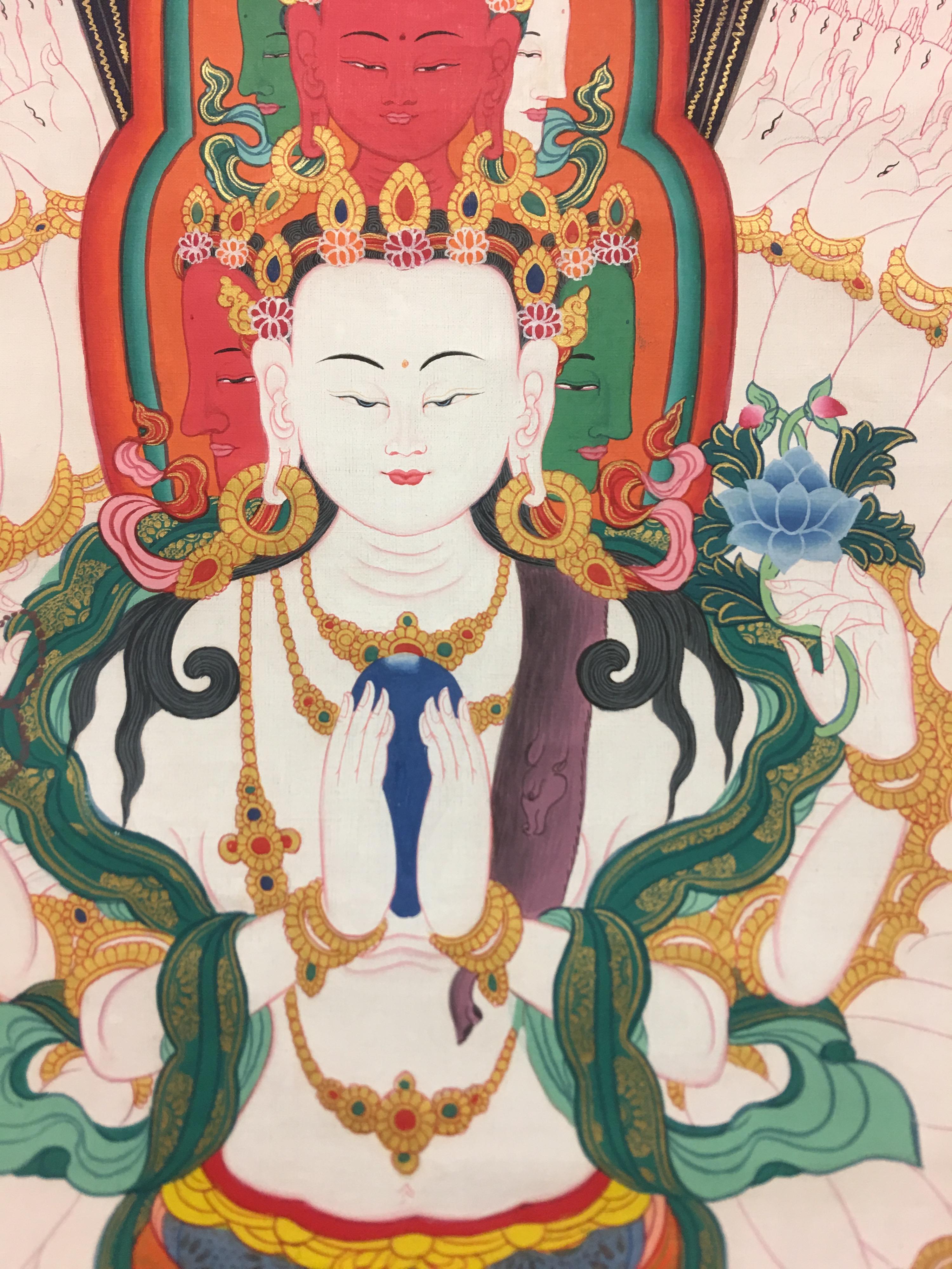 Unframed Hand Painted Thousand-armed Avalokitesvara Thangka on Canvas with Gold - Painting by Unknown