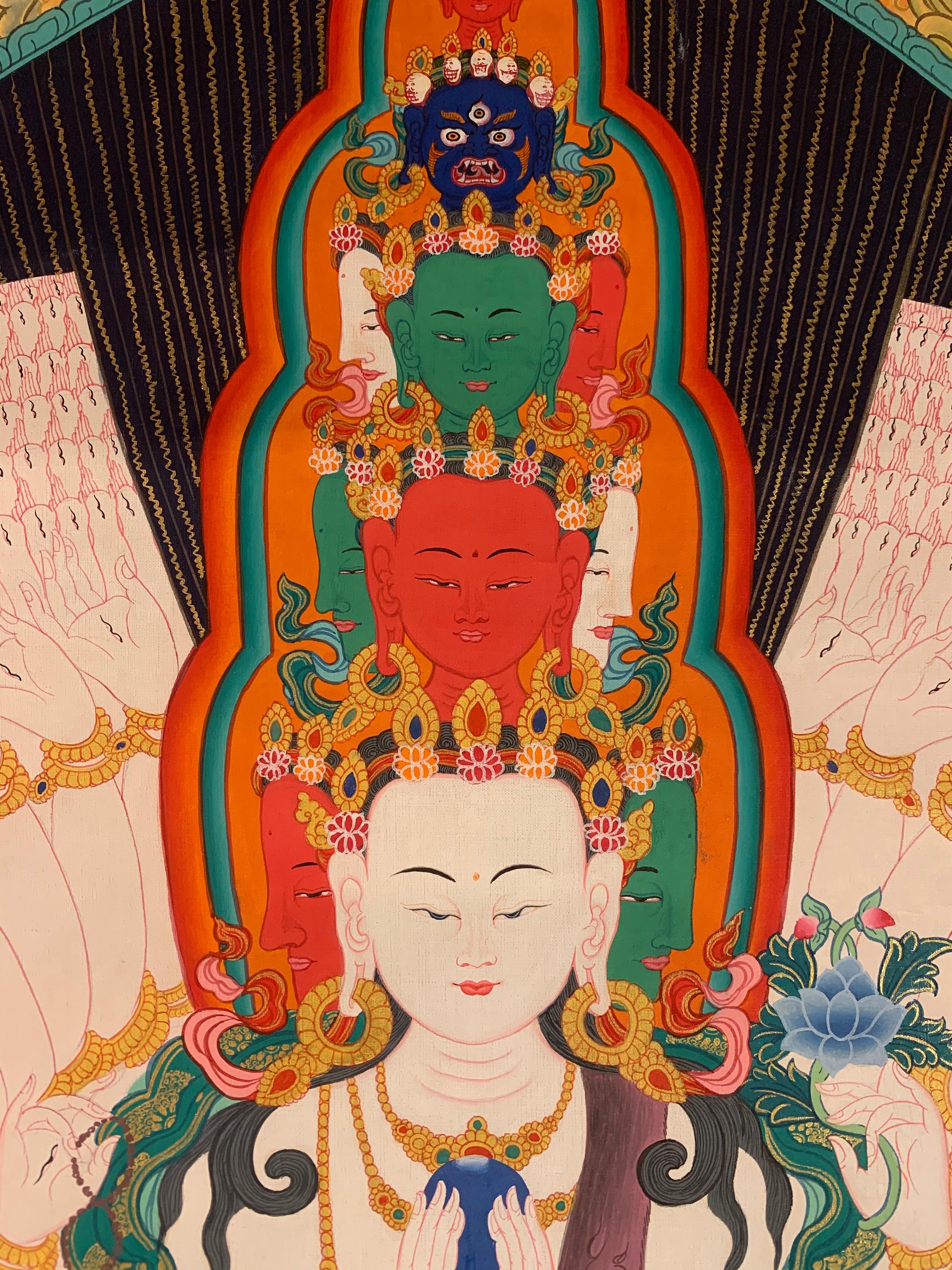 Unframed Hand Painted Thousand-armed Avalokitesvara Thangka on Canvas with Gold - Other Art Style Painting by Unknown