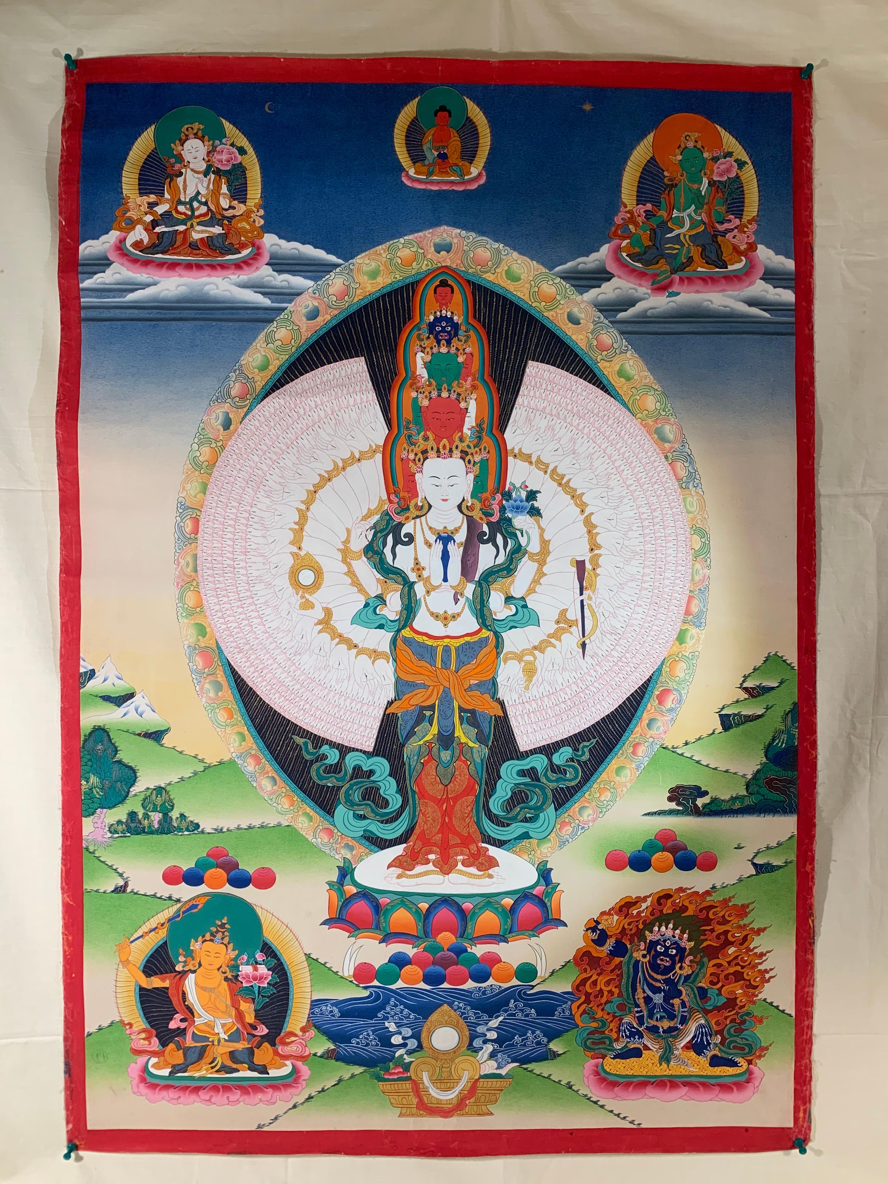 Thangka Avalokitesvara sur toile avec des tigres de Thousands, peint à la main sans cadre et doré