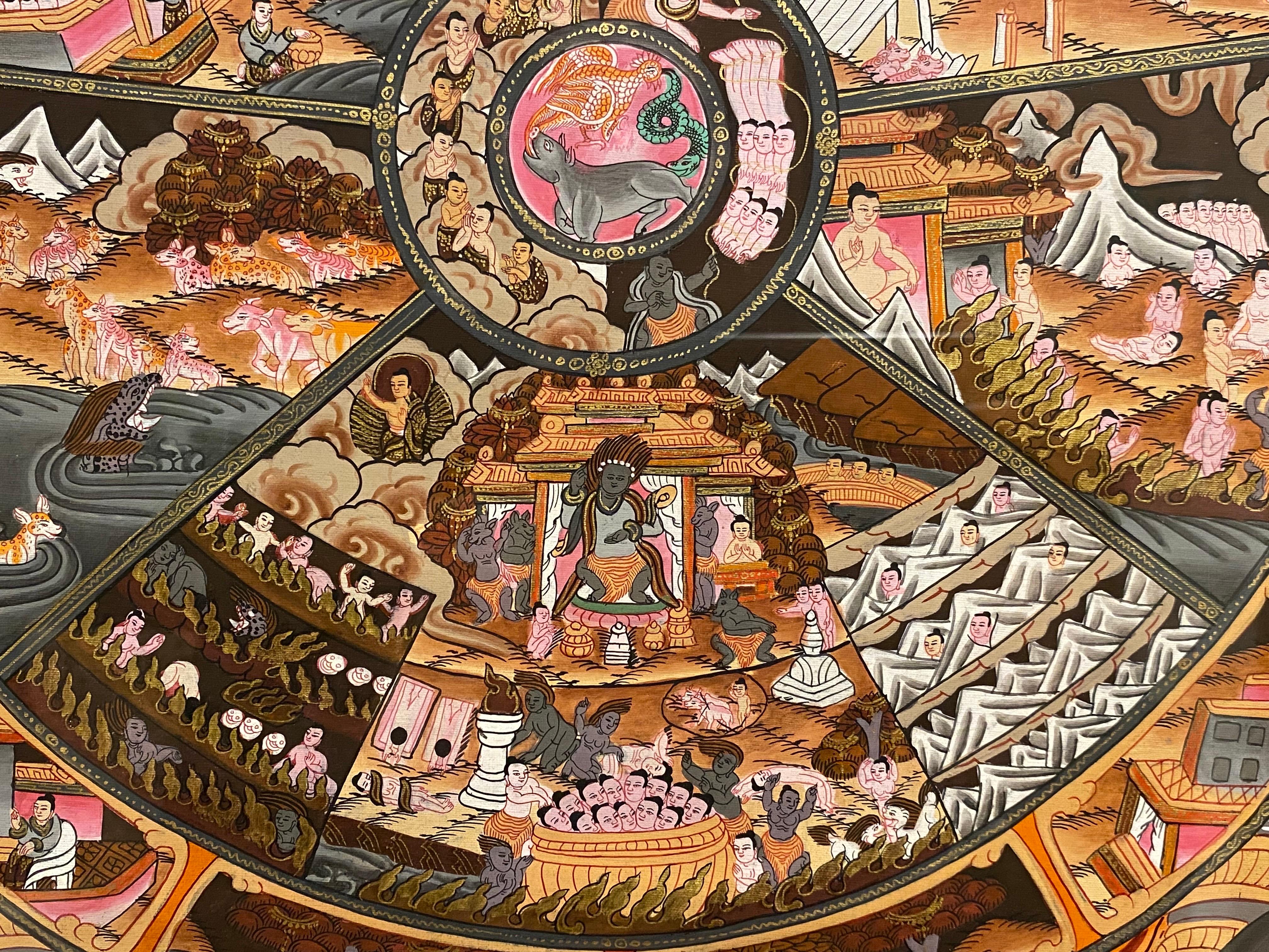 Thangka de la roue de la vie peint à la main sur toile, non encadré, or 24K en vente 9