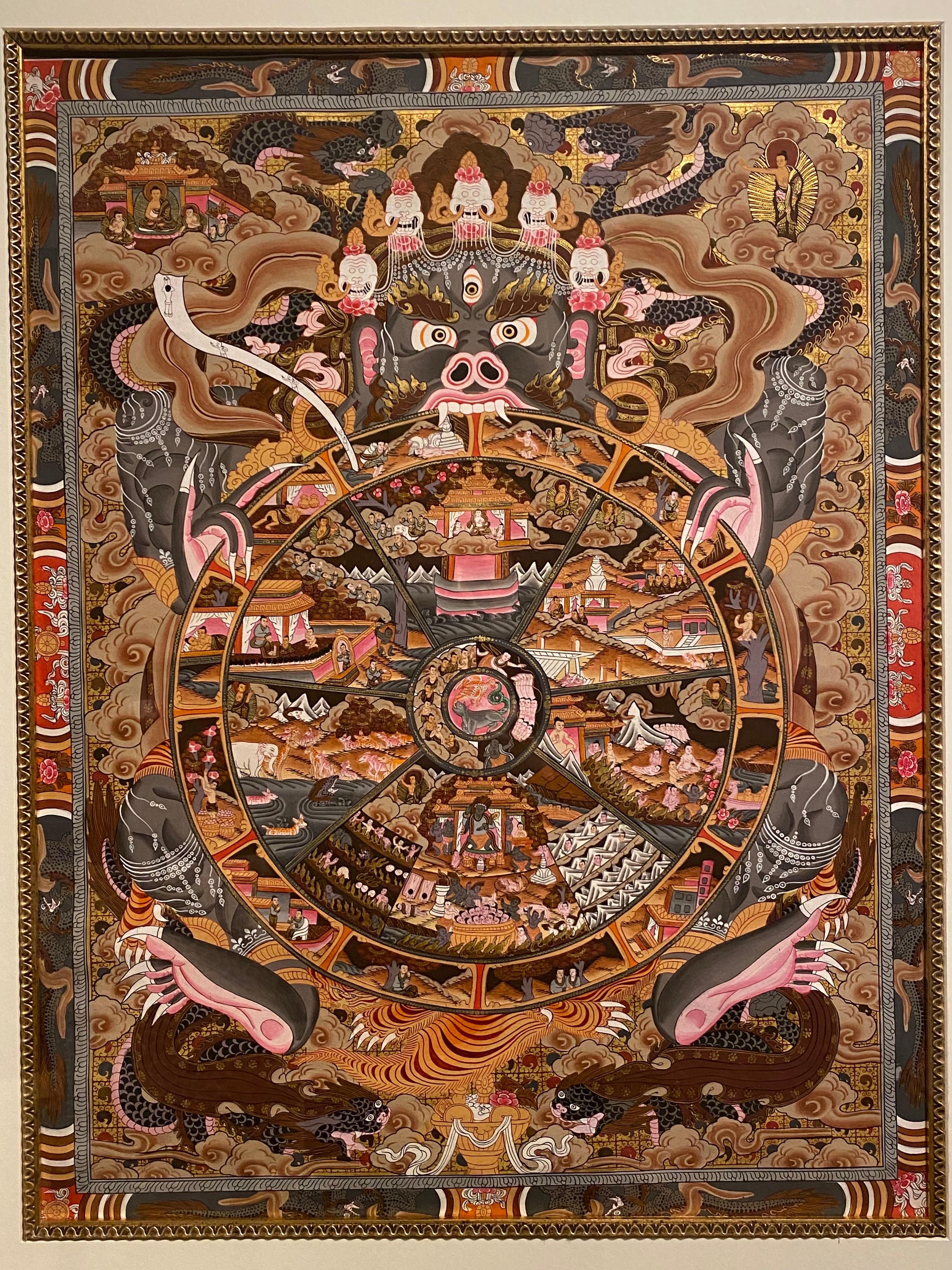 Un gerahmtes handbemaltes Thangka-Rad des Lebens, Thangka auf Leinwand 24K Gold im Angebot 12