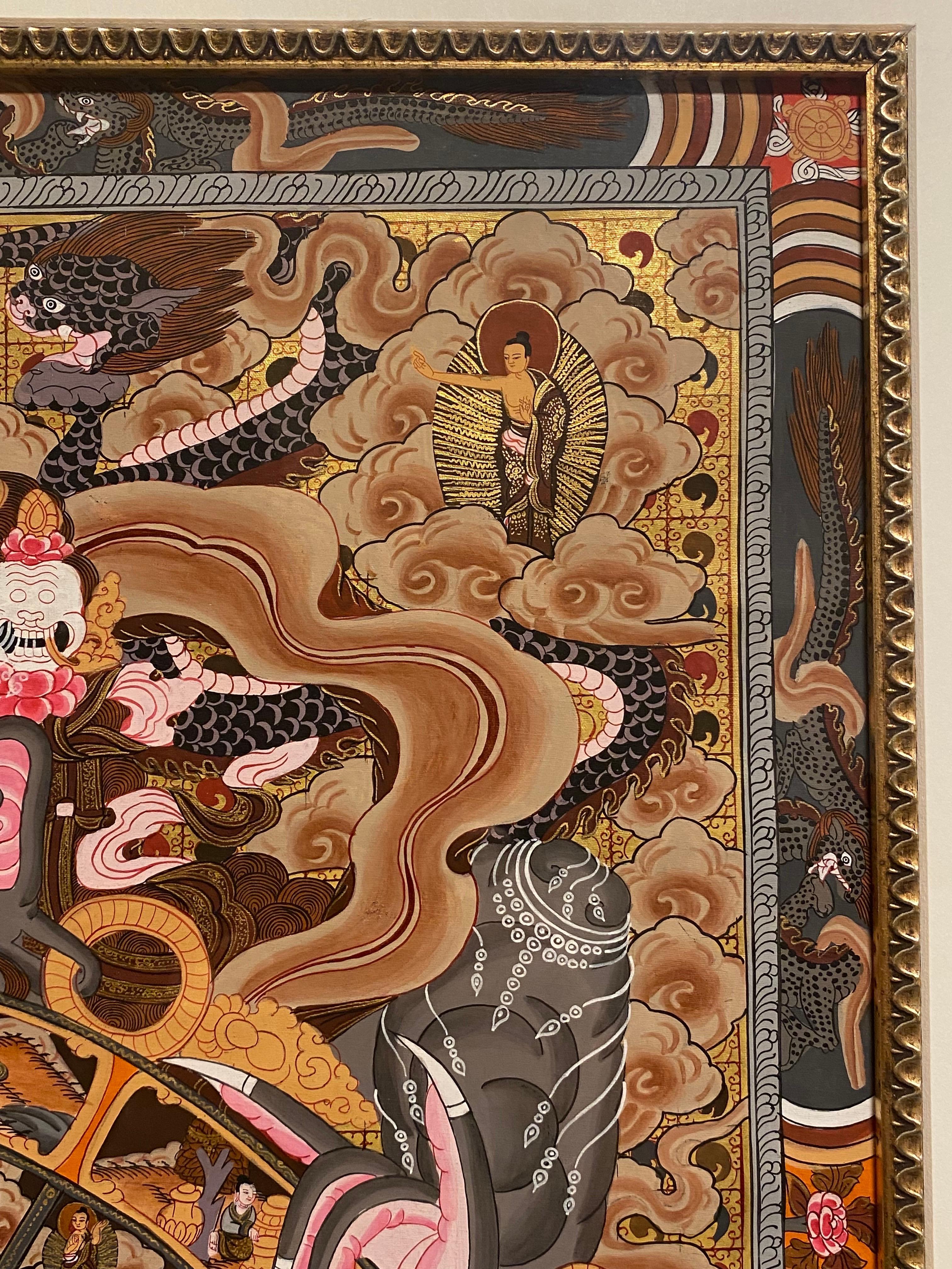 Un gerahmtes handbemaltes Thangka-Rad des Lebens, Thangka auf Leinwand 24K Gold – Painting von Unknown