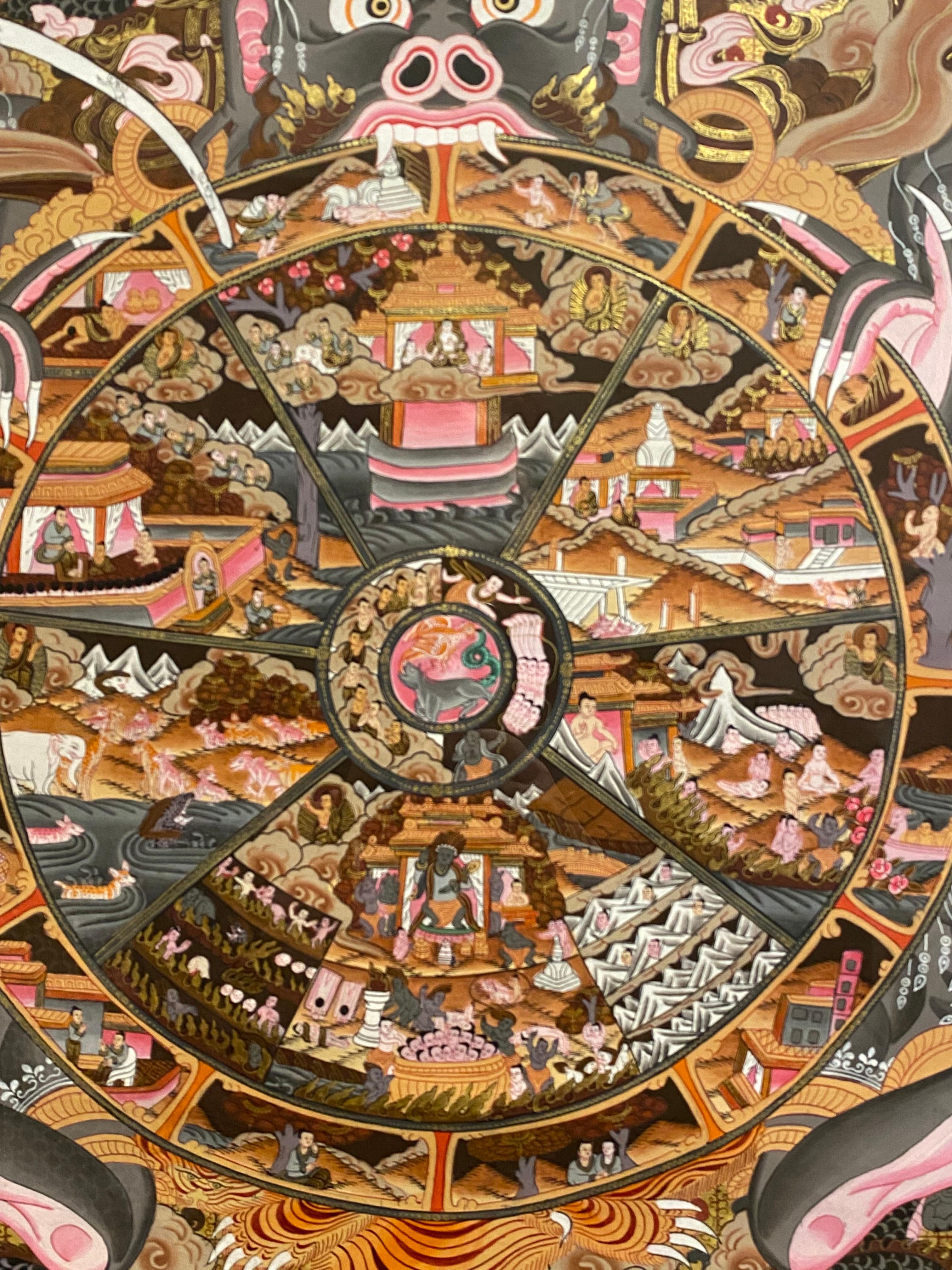 Un gerahmtes handbemaltes Thangka-Rad des Lebens, Thangka auf Leinwand 24K Gold (Sonstige Kunststile), Painting, von Unknown
