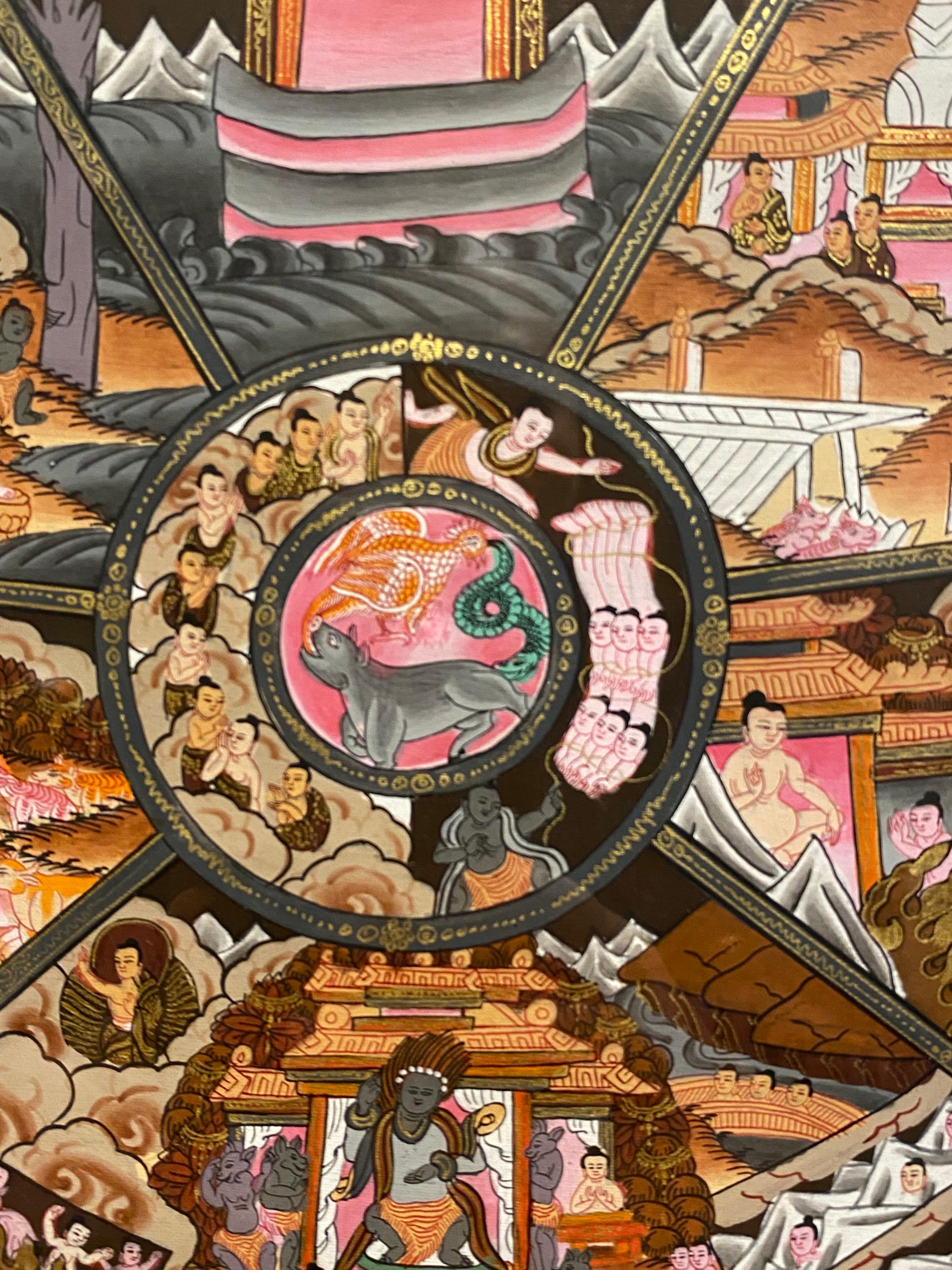 Thangka de la roue de la vie peint à la main sur toile, non encadré, or 24K - Marron Figurative Painting par Unknown