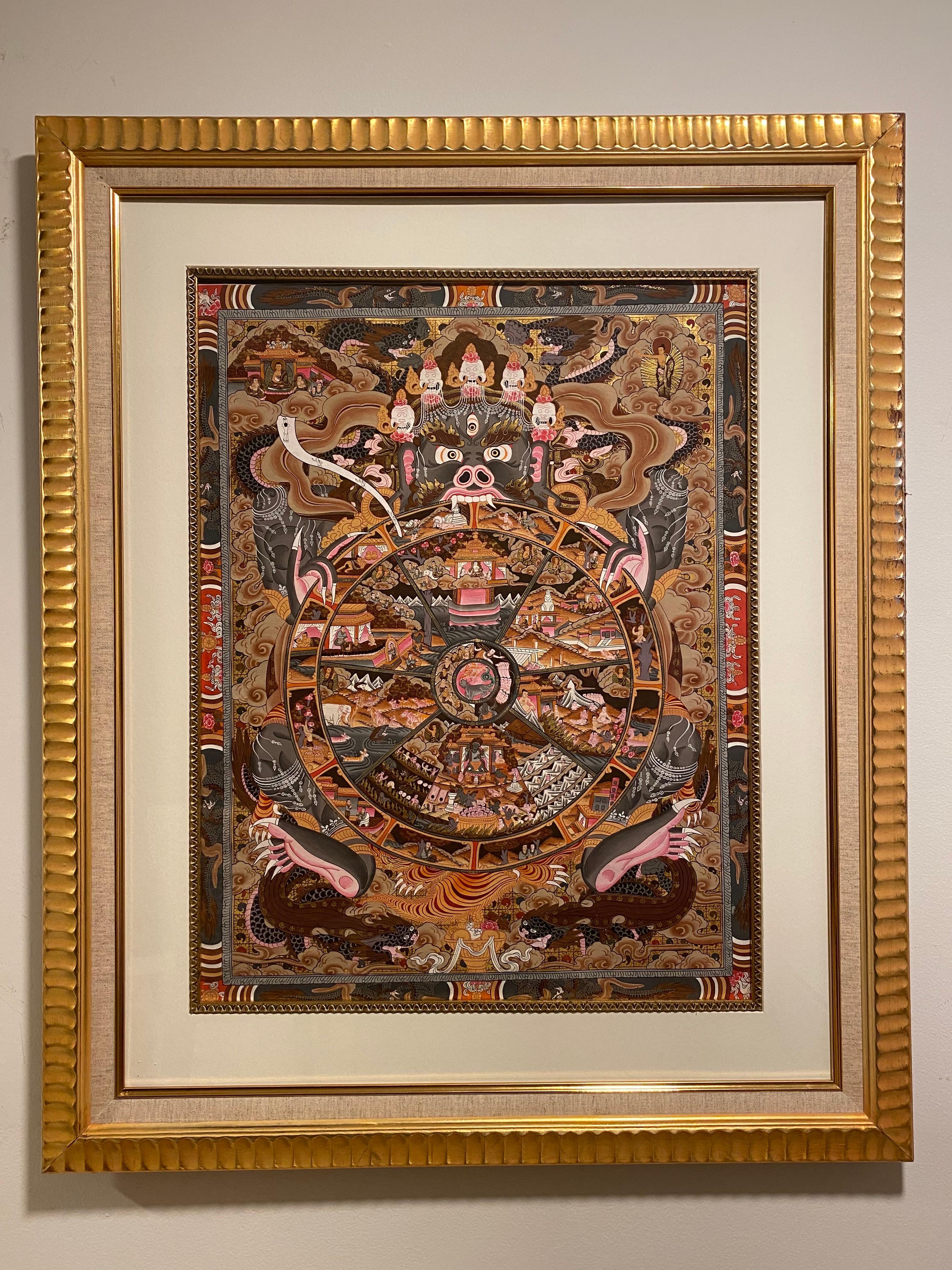 Figurative Painting Unknown - Thangka de la roue de la vie peint à la main sur toile, non encadré, or 24K