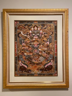 Thangka de la roue de la vie peint à la main sur toile, non encadré, or 24K