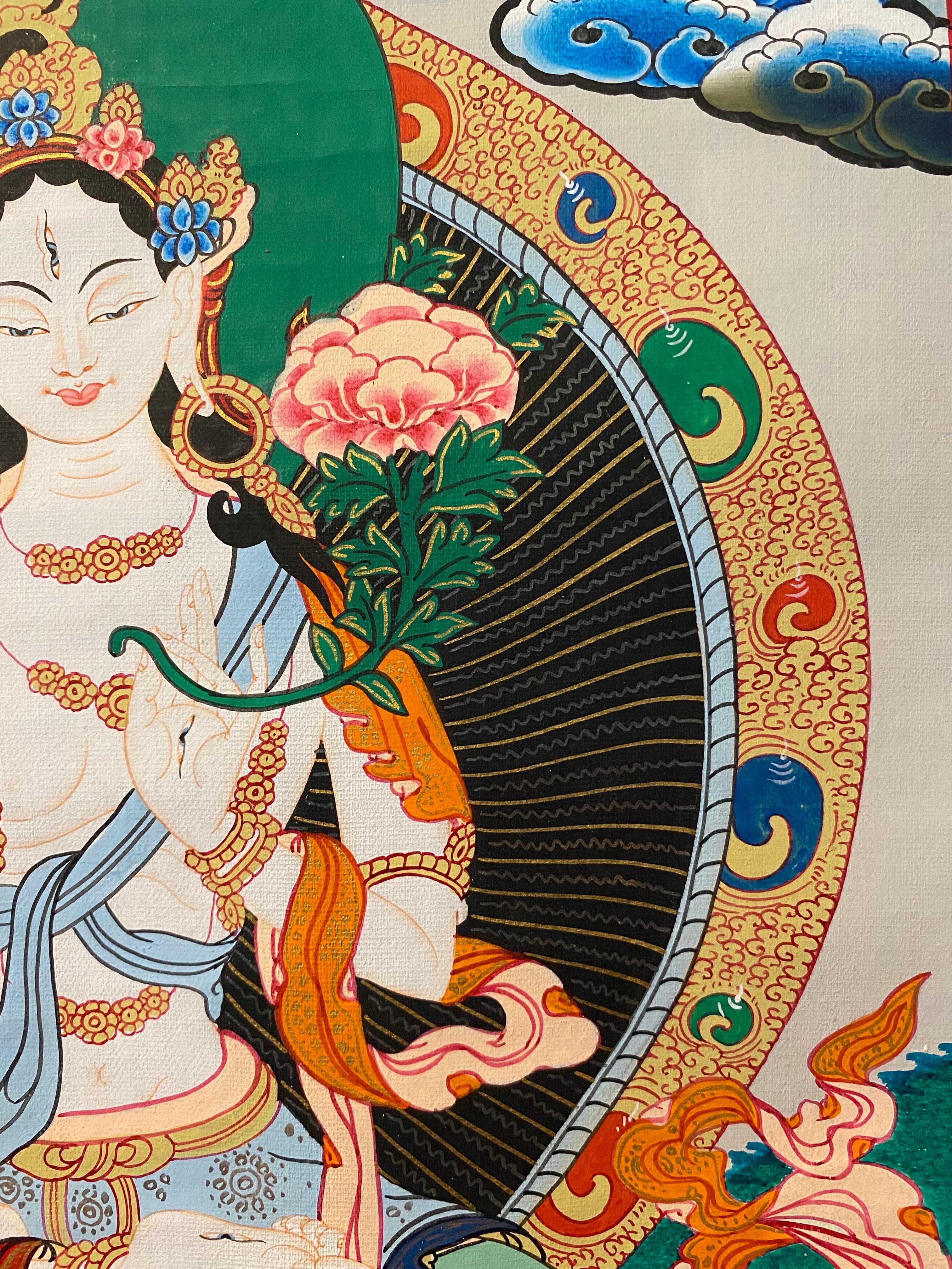 Unframed Hand Painted White Tara Thangka on Canvas 24K Gold For Sale 5