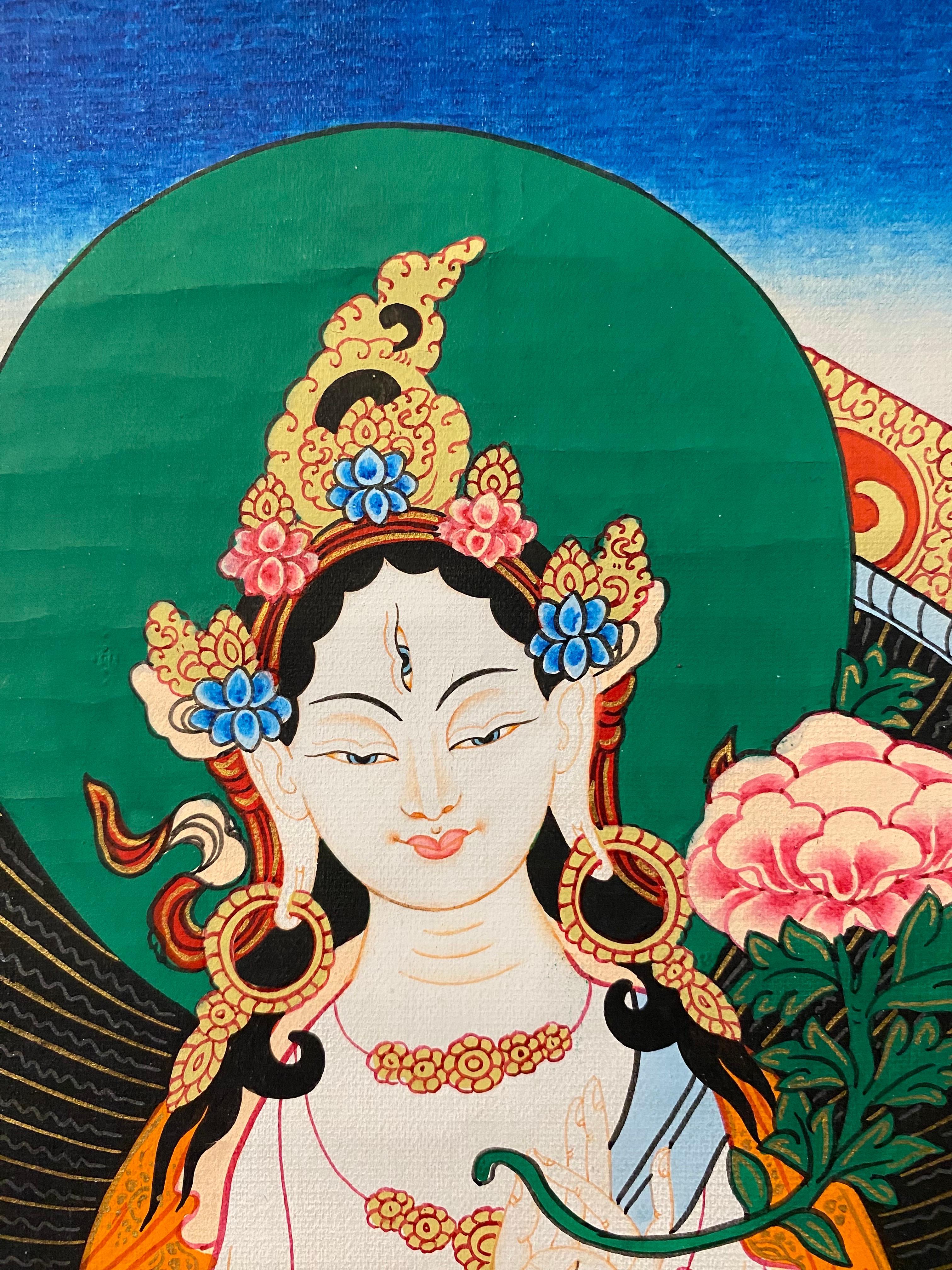 Unframed Hand Painted White Tara Thangka on Canvas 24K Gold For Sale 12