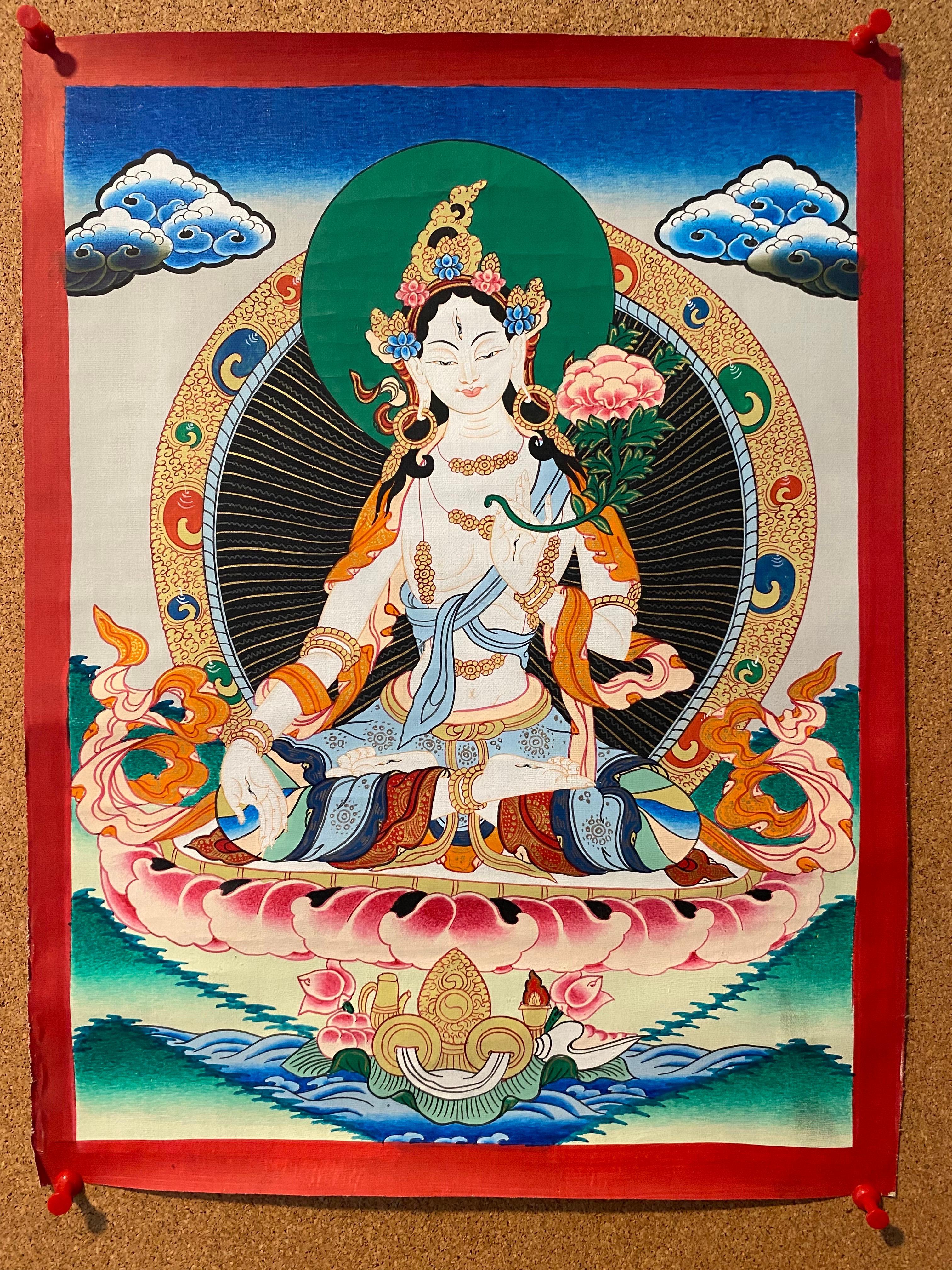 Unframed Hand Painted White Tara Thangka on Canvas 24K Gold - Painting by Unknown