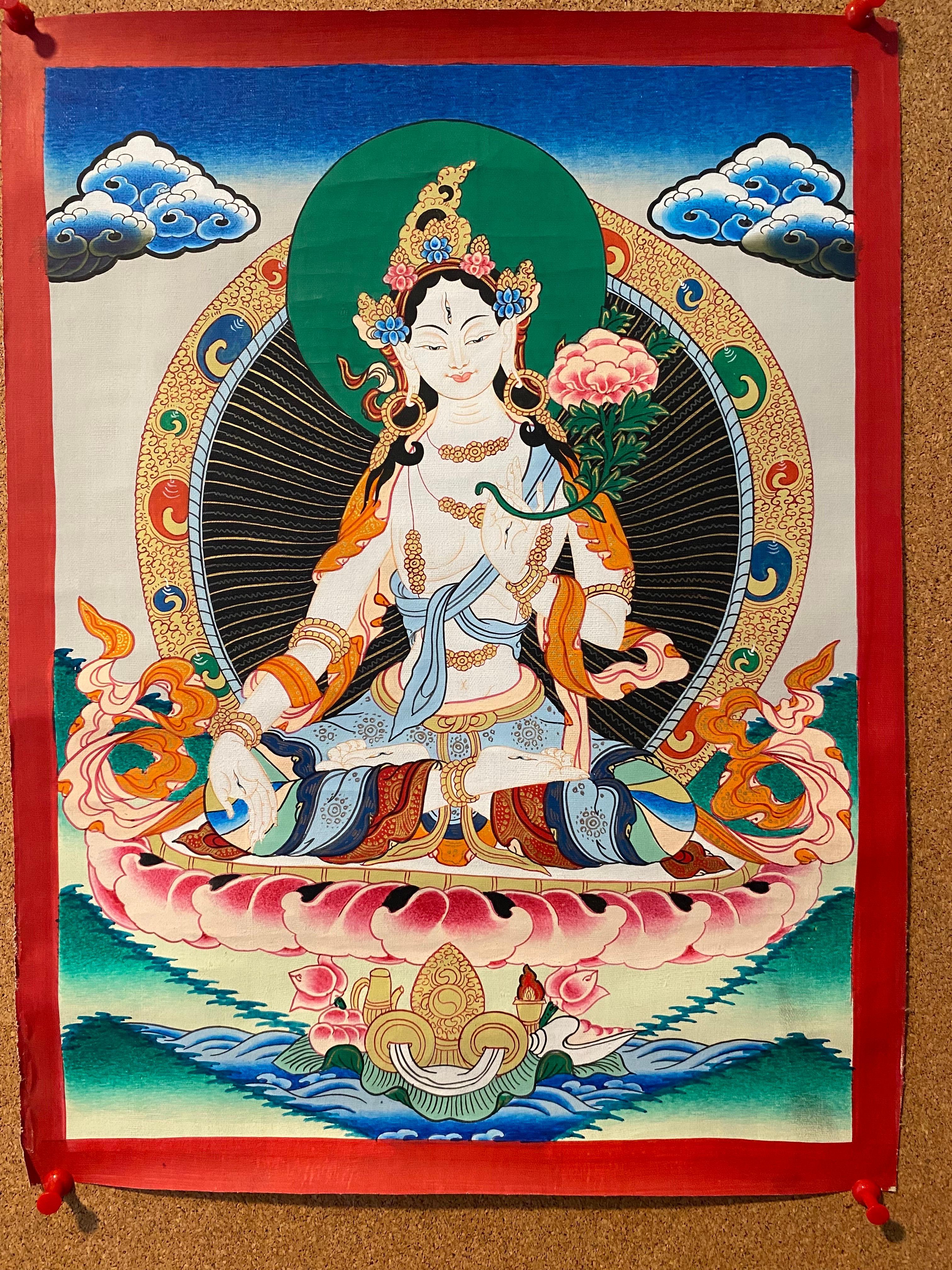 Unframed Hand Painted White Tara Thangka on Canvas 24K Gold - Other Art Style Painting by Unknown