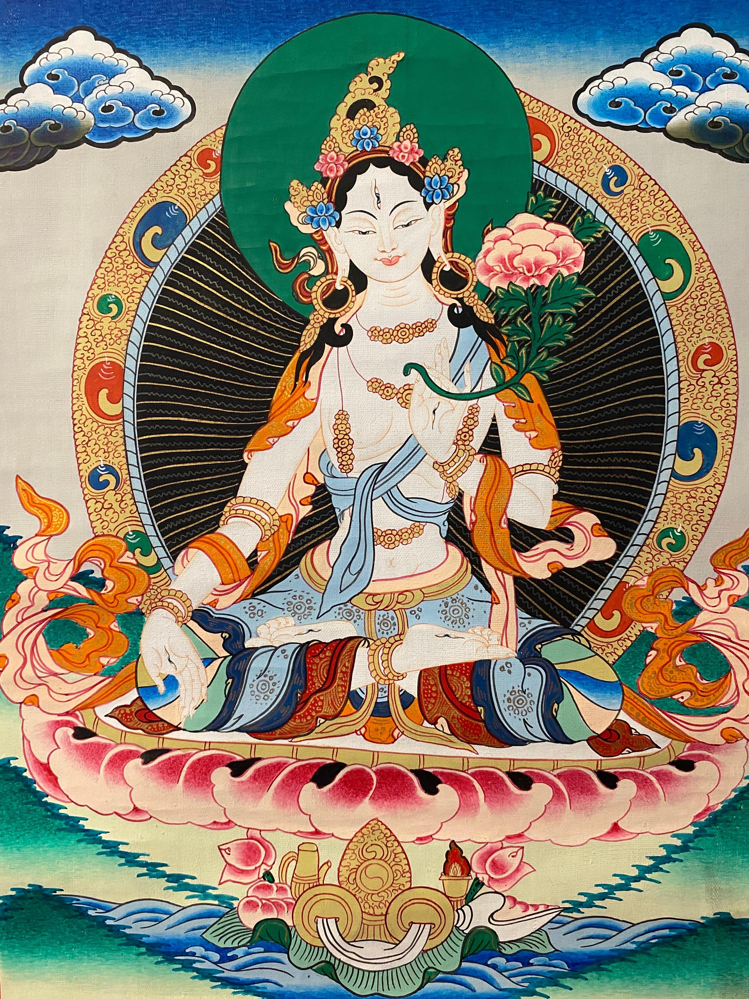 Unframed Hand Painted White Tara Thangka on Canvas 24K Gold - Beige Figurative Painting by Unknown