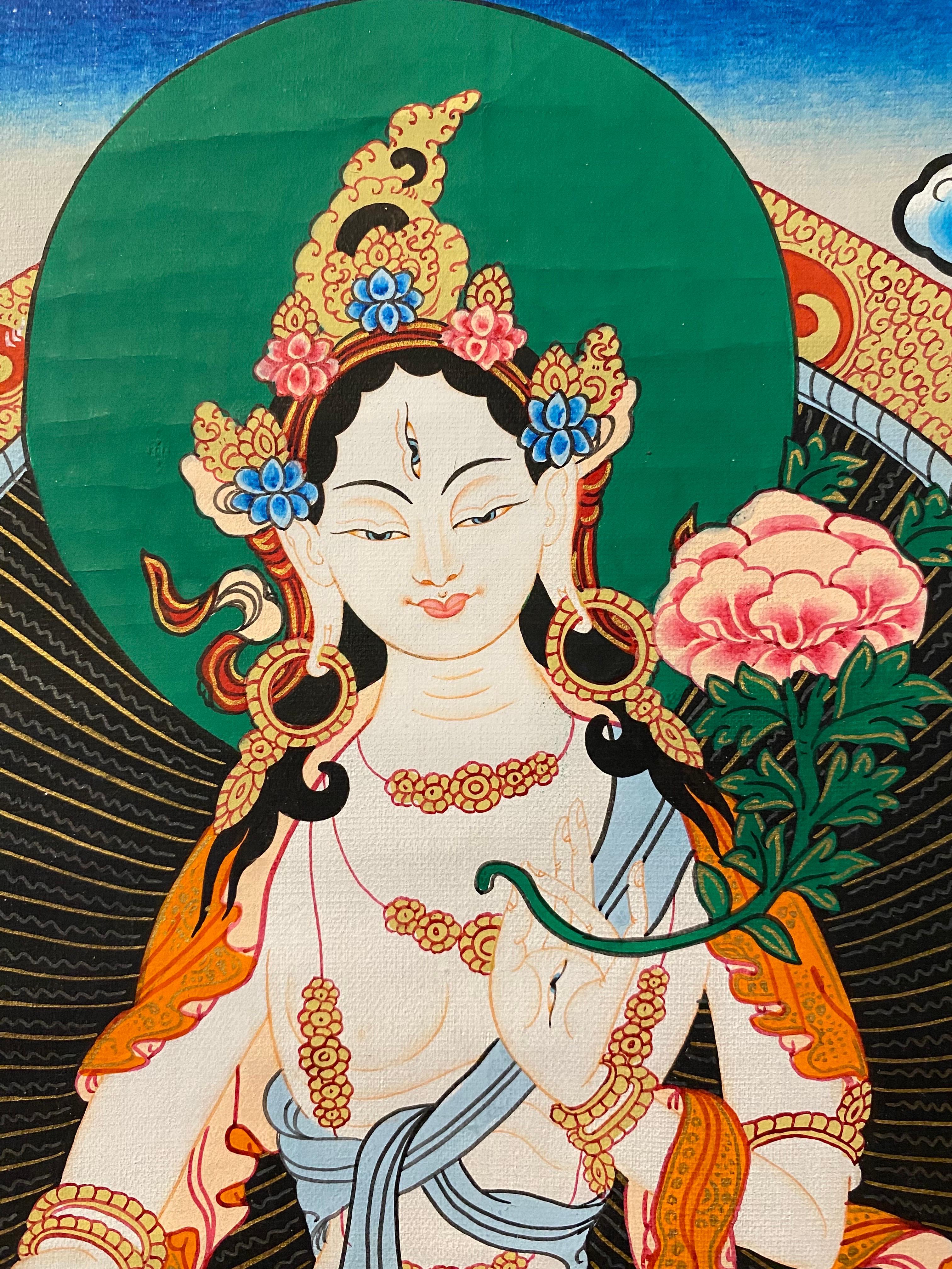 This unframed hand painted White Tara Thangka can be framed according to your choice and give it a place at your  home to promote long life, peace, prosperity and health through her enlightened activities, both for the practitioner and for others.