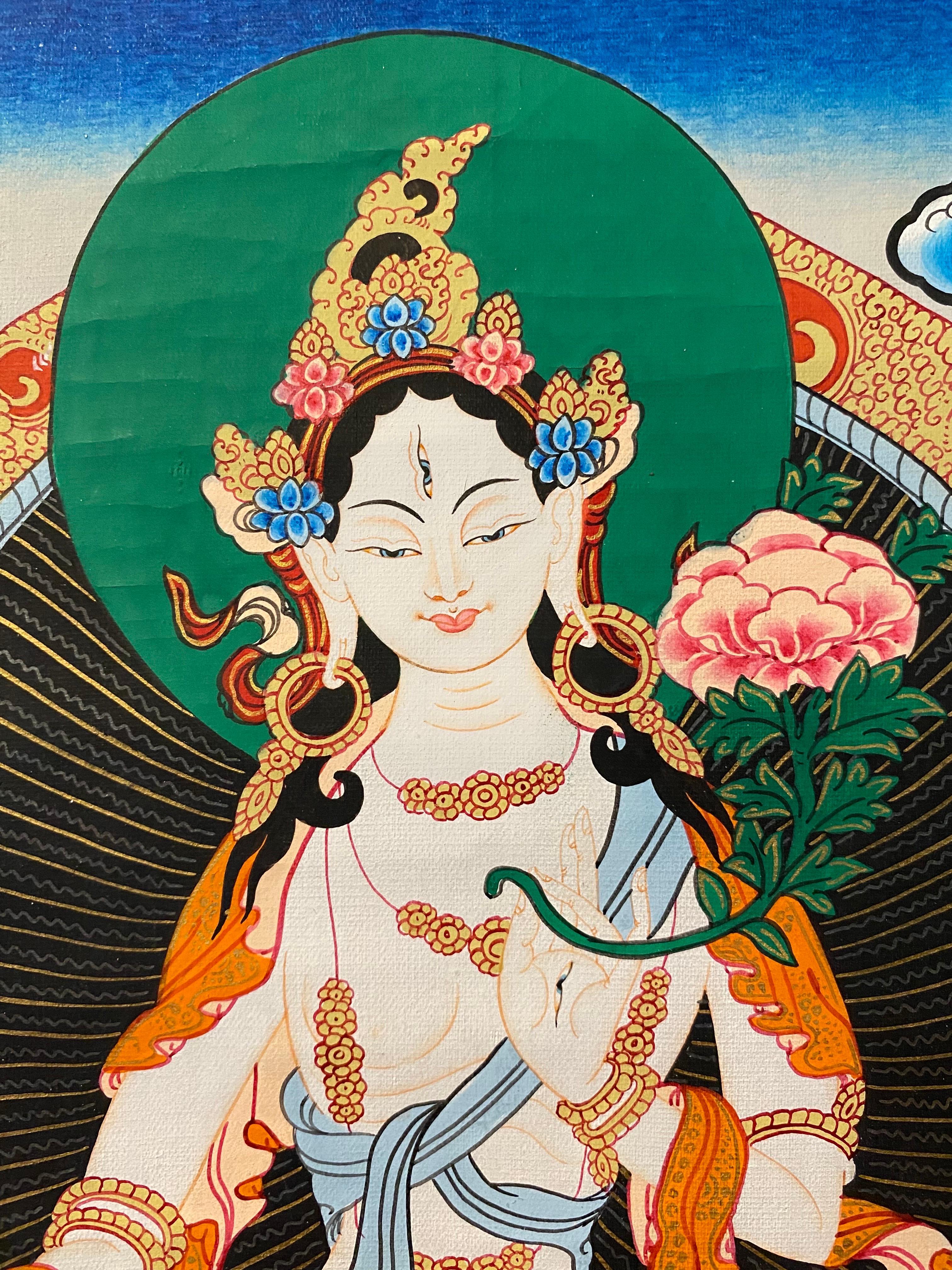 Unframed Hand Painted White Tara Thangka on Canvas 24K Gold For Sale 1