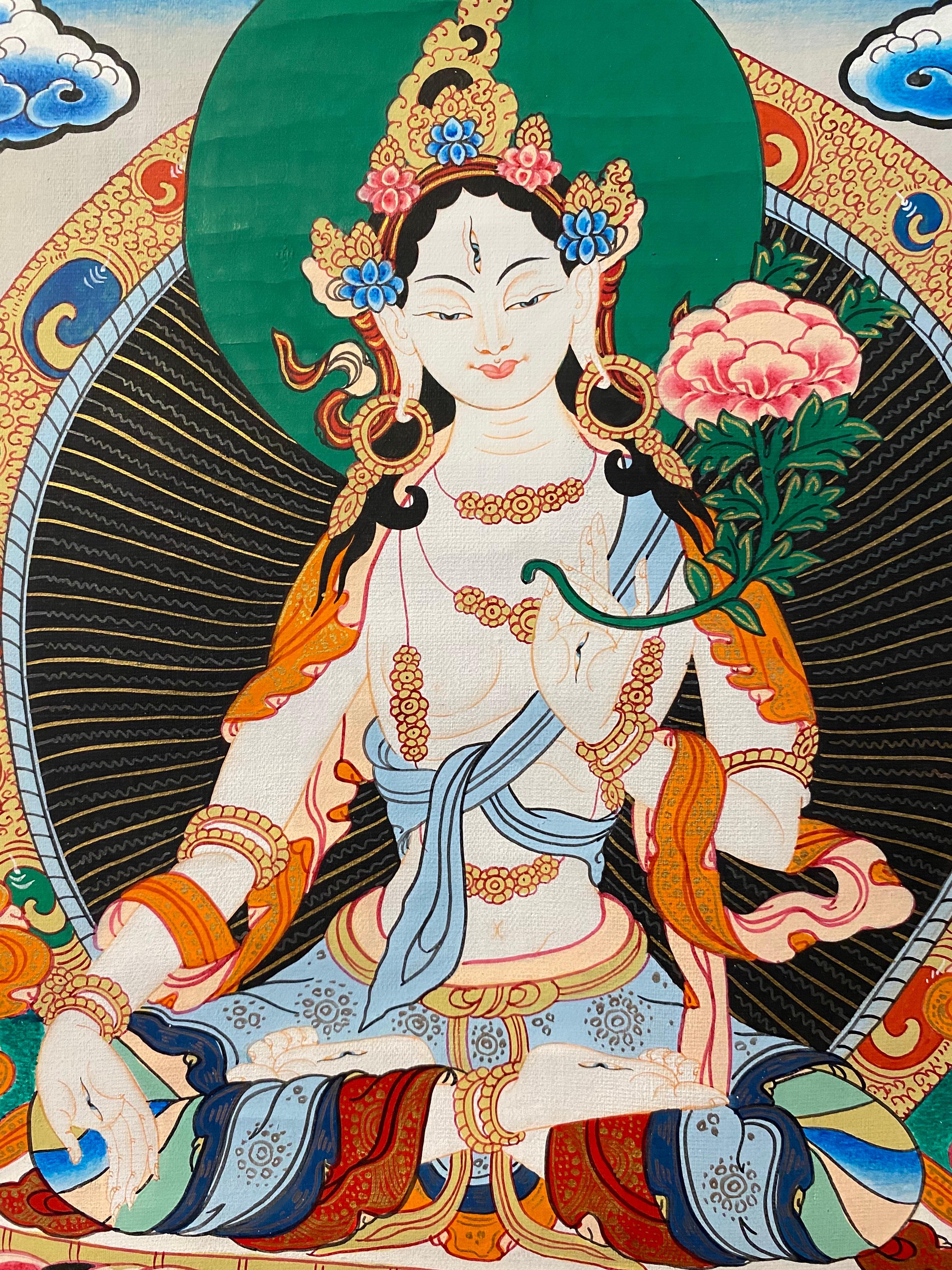 Unframed Hand Painted White Tara Thangka on Canvas 24K Gold For Sale 2