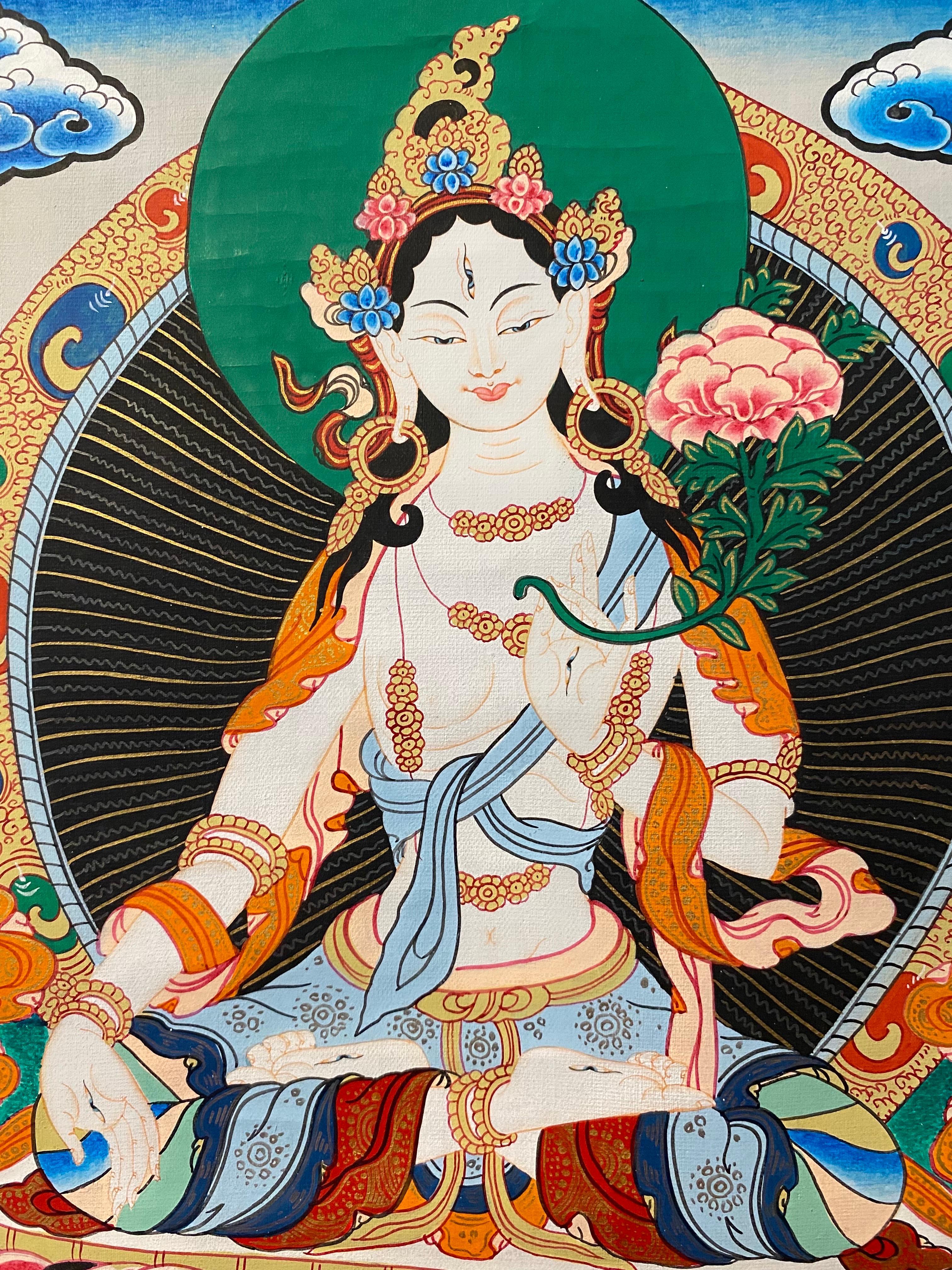Unframed Hand Painted White Tara Thangka on Canvas 24K Gold For Sale 3