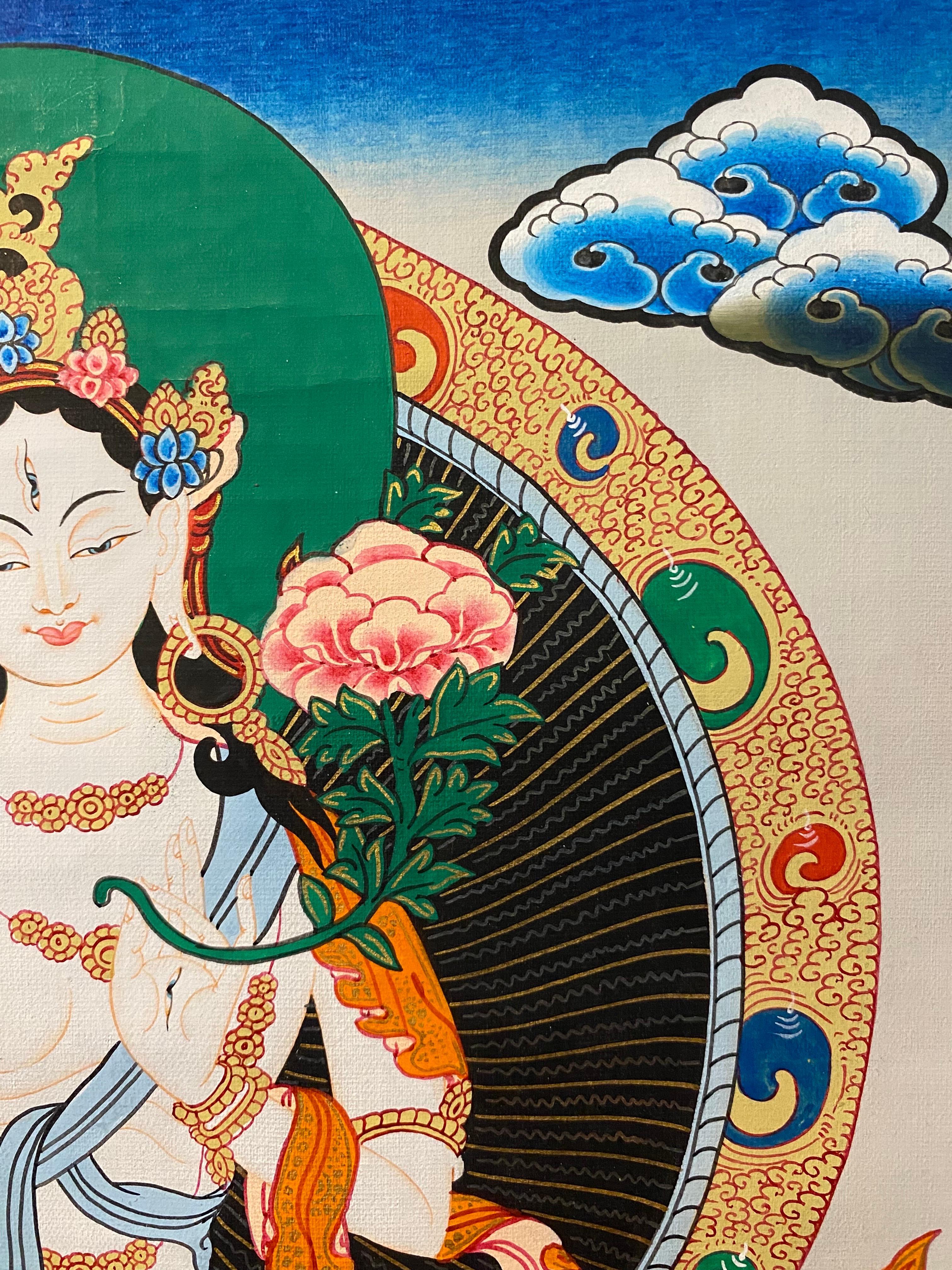 Unframed Hand Painted White Tara Thangka on Canvas 24K Gold For Sale 4