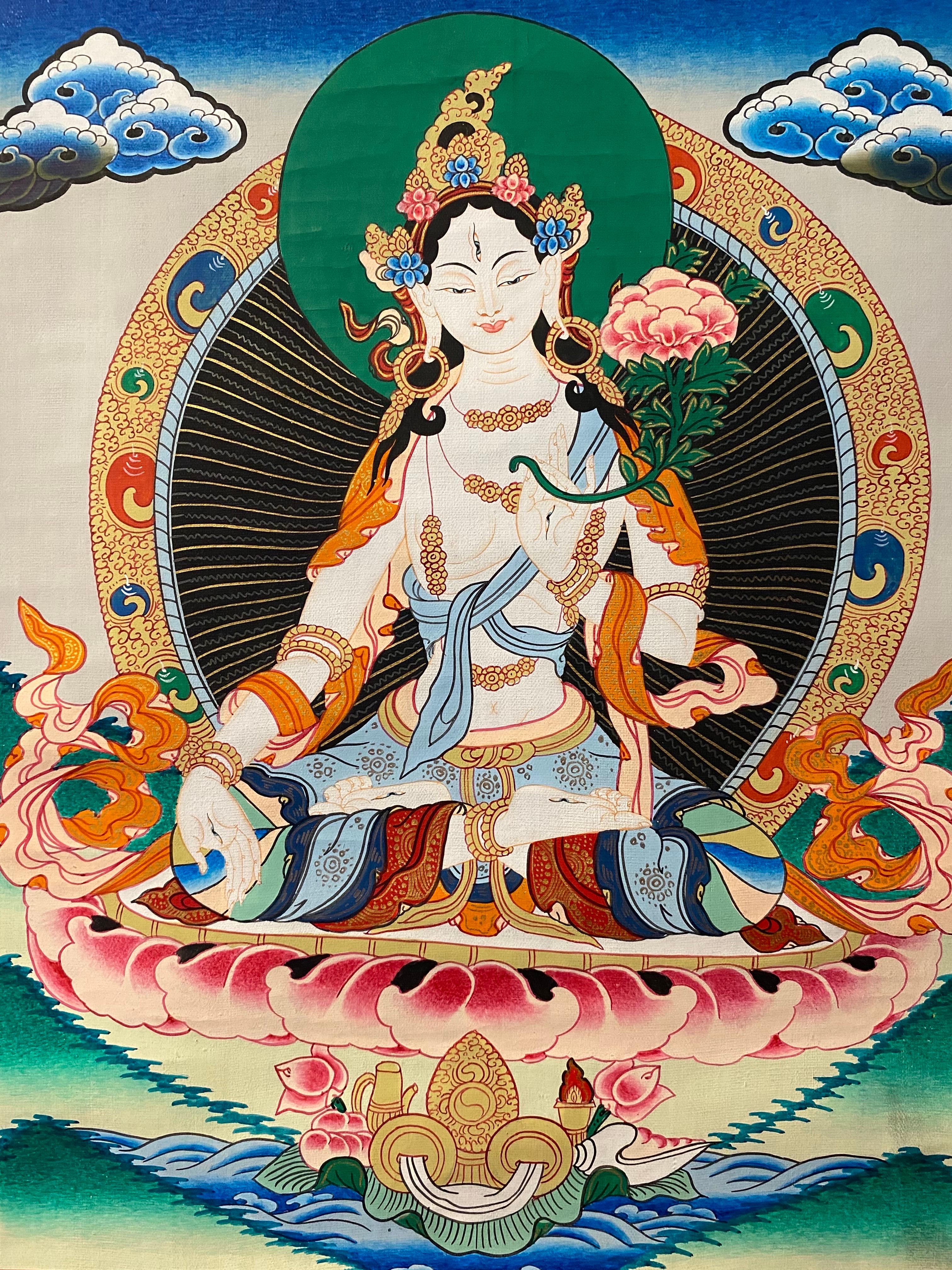 Thangka de Tara blanca pintada a mano sobre lienzo sin enmarcar Oro de 24 quilates