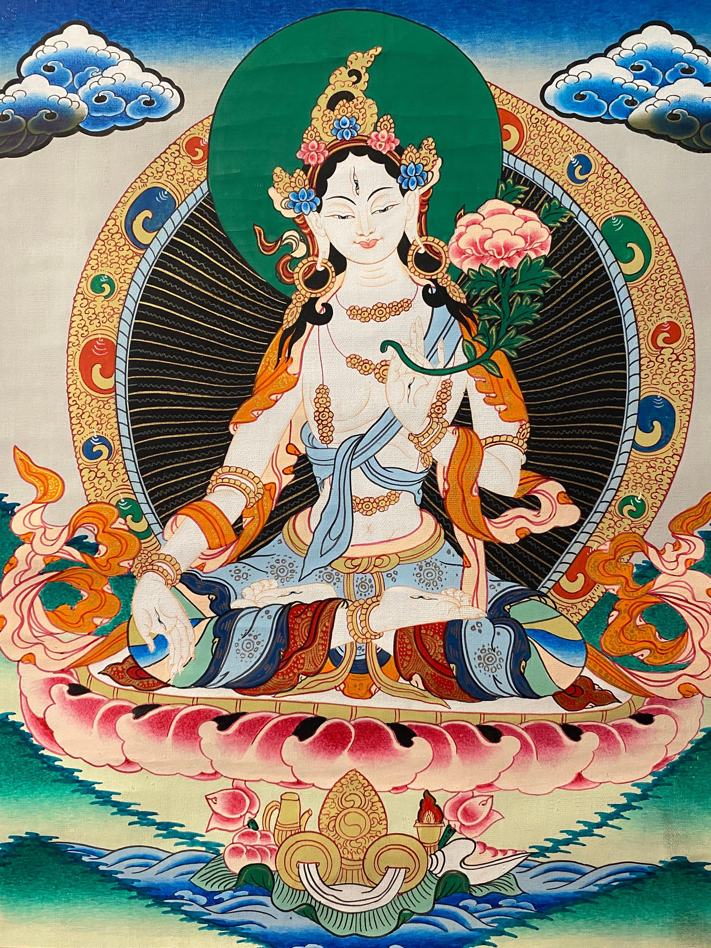 Unknown Figurative Painting - Unframed Hand Painted White Tara Thangka on Canvas 24K Gold