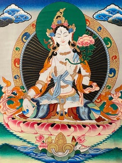 Retro Unframed Hand Painted White Tara Thangka on Canvas 24K Gold