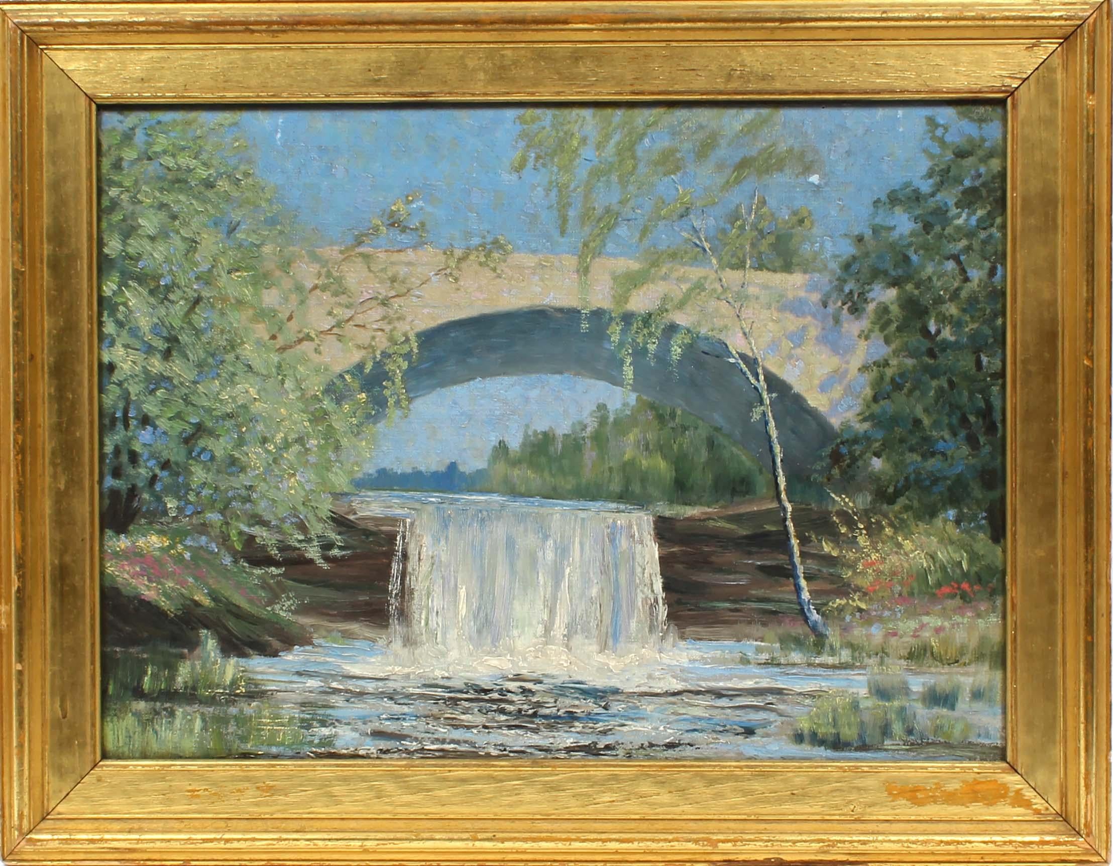 Antique American landscape oil painting of a bridge on the Rocky River in Cleveland. Unknown artist, framed, oil on canvas.