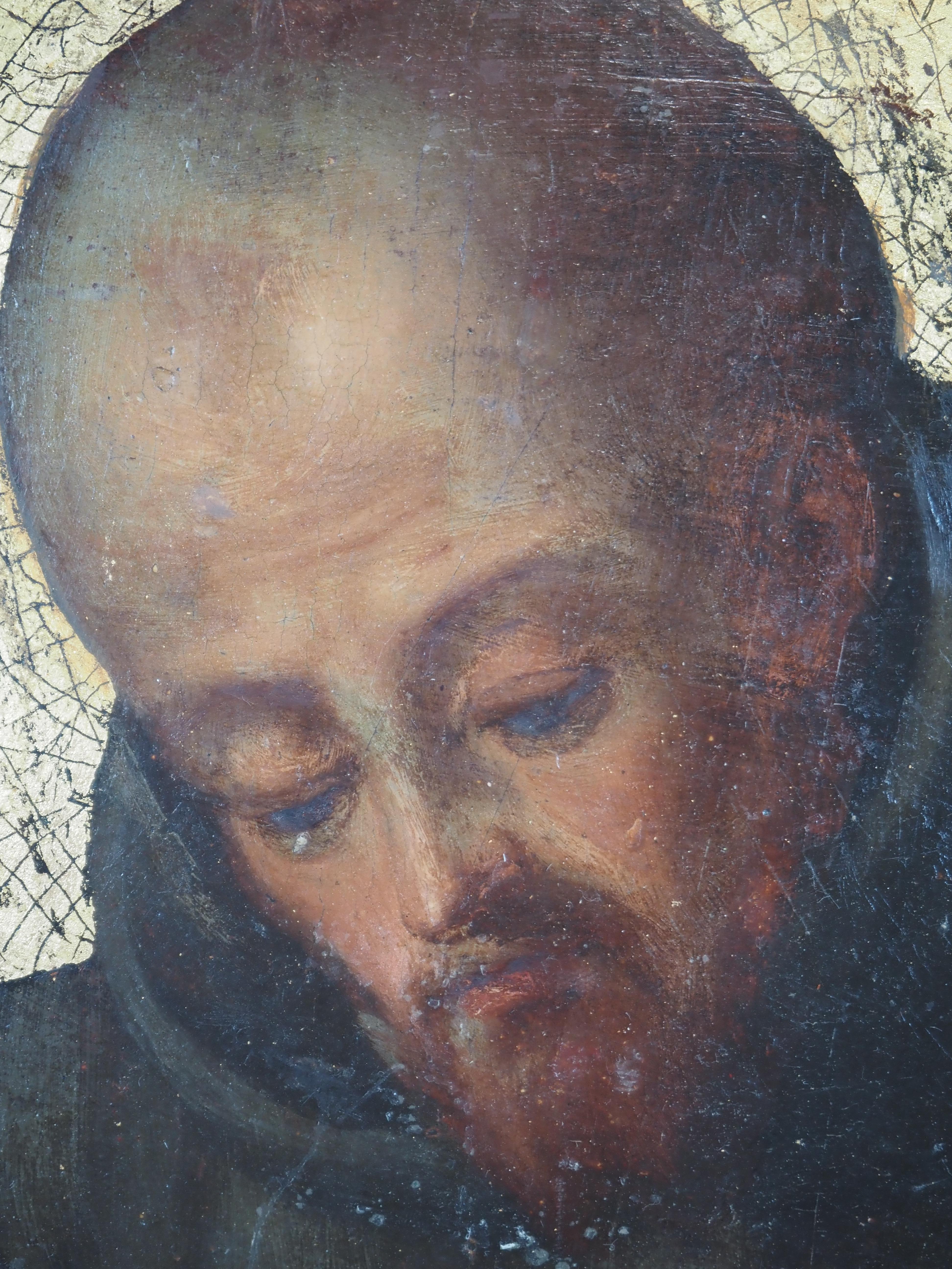 Artista sconosciuto - Monaco o eremita in preghiera, pannello di legno - Figurative Painting Grigio di Unknown