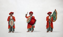 Antique Musicians - 19th Century, Figurative Painting, 3 men in Orange with Instruments