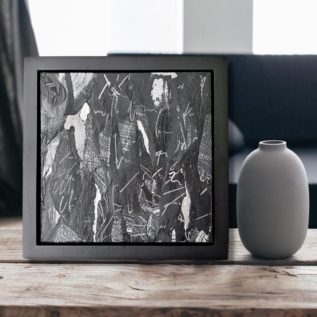 Unknown b/w Black Silver Square Abstract Contemporary Interior Artwork Framed 5