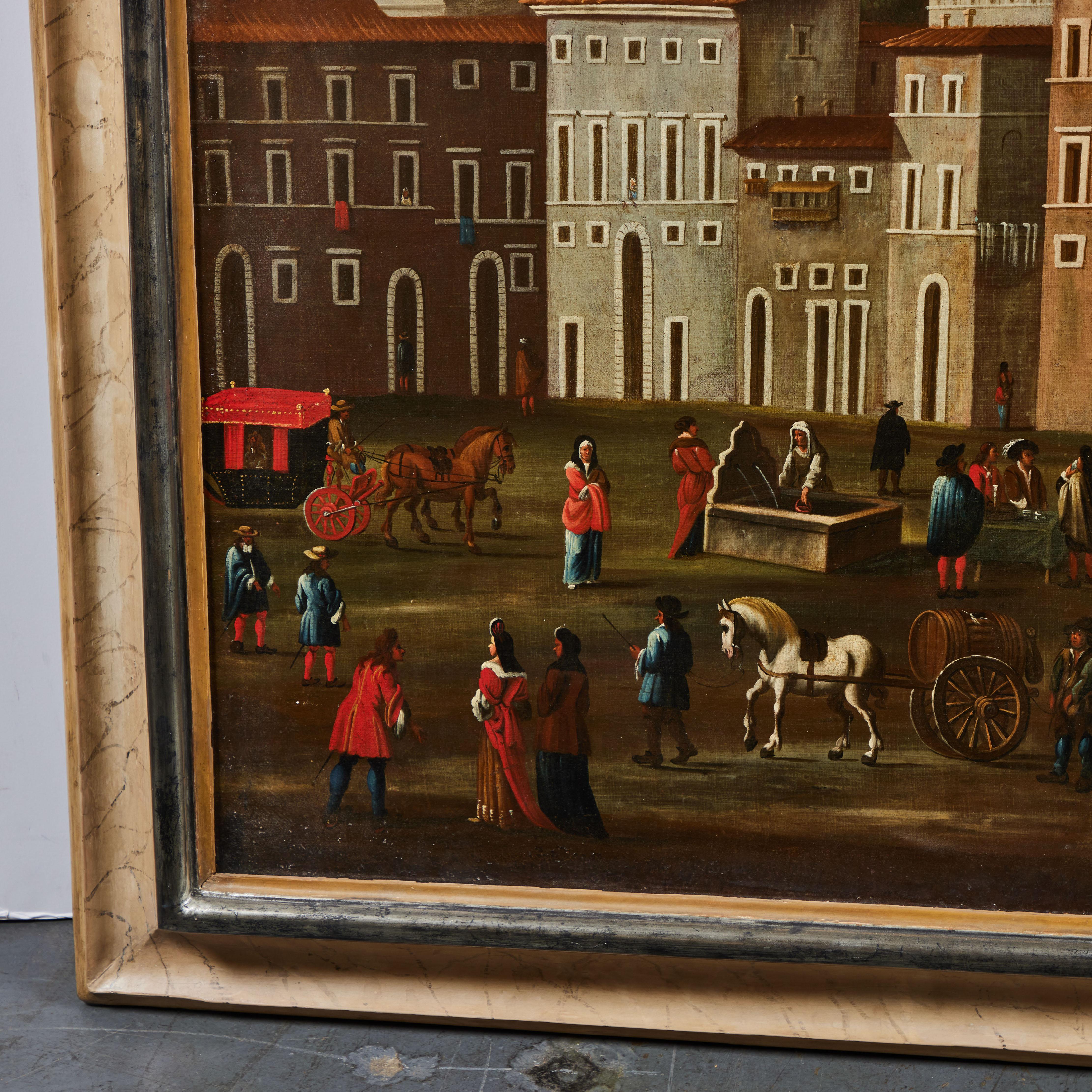 Olio su tavola del XVII secolo raffigurante Piazza di Spagna. Scuola italiana.  Cornice più tardi. 