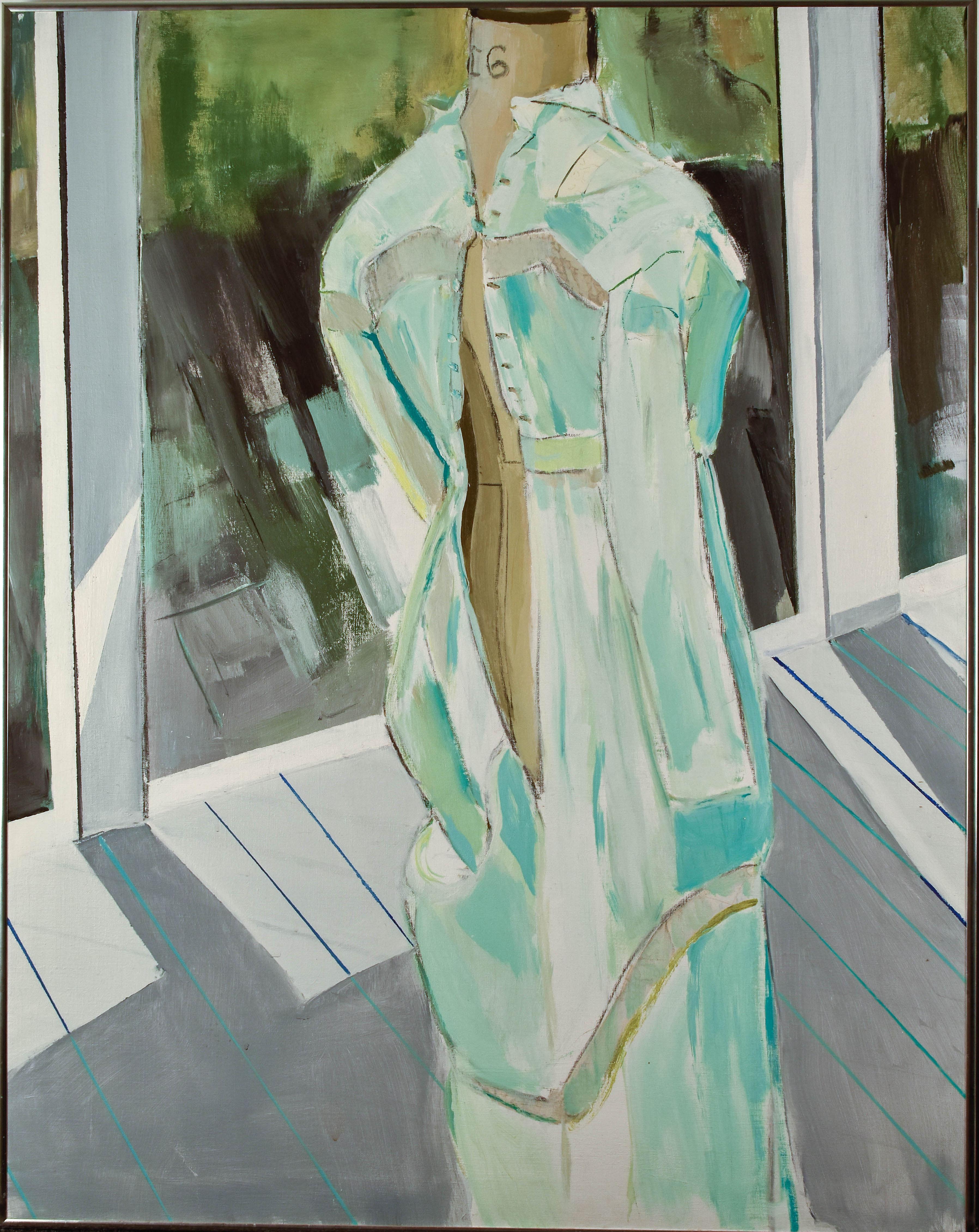 A depiction of a clothed mannequin featuring white blue and green tones complimented by a darker backdrop.  
I know this was done in NY in the 1940's as per my mother whom it was traded to.