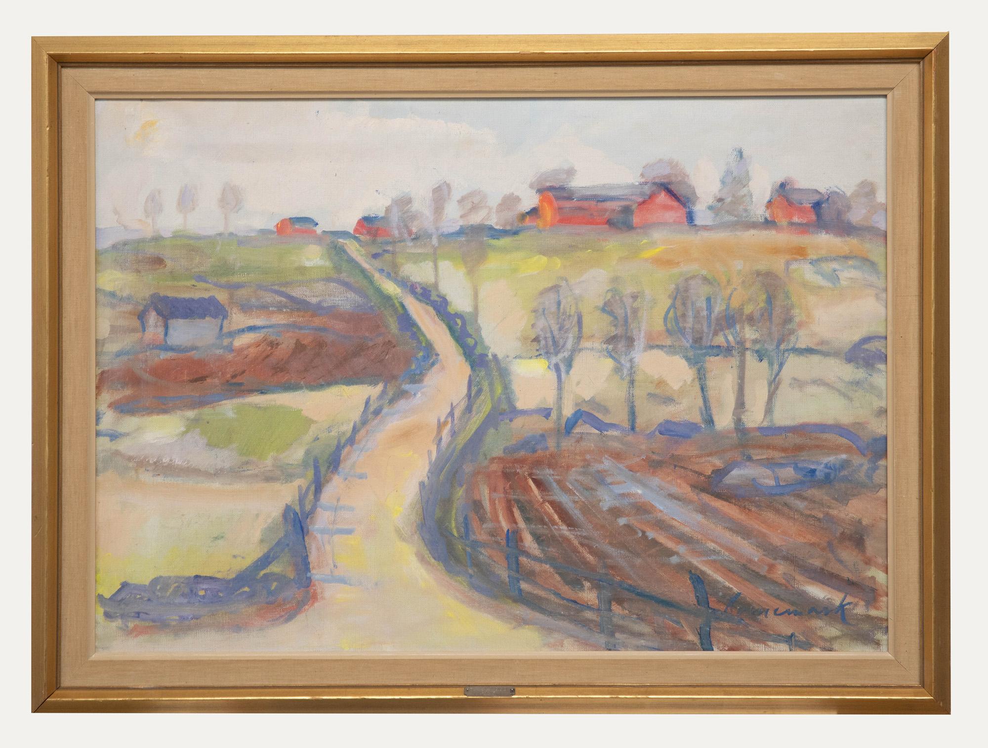 Landscape Painting Unknown - Uno Bornemark - Huile du milieu du 20e siècle, route vers la ferme