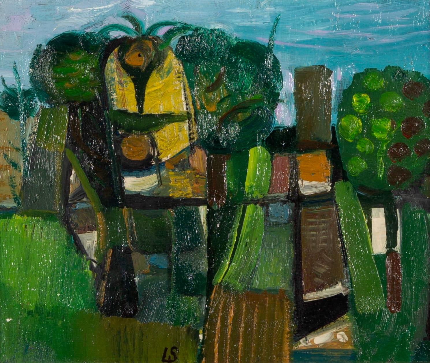 Senza titolo 34, dipinto a olio su tavola di Laurence Scarfe, 1969 - Painting di Unknown