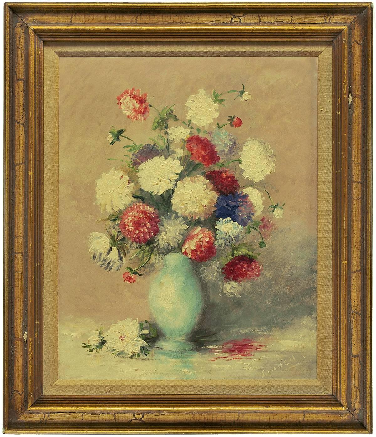 Unknown Still-Life Painting - Untitled (Bouquet of Flowers in a Blue Vase)
