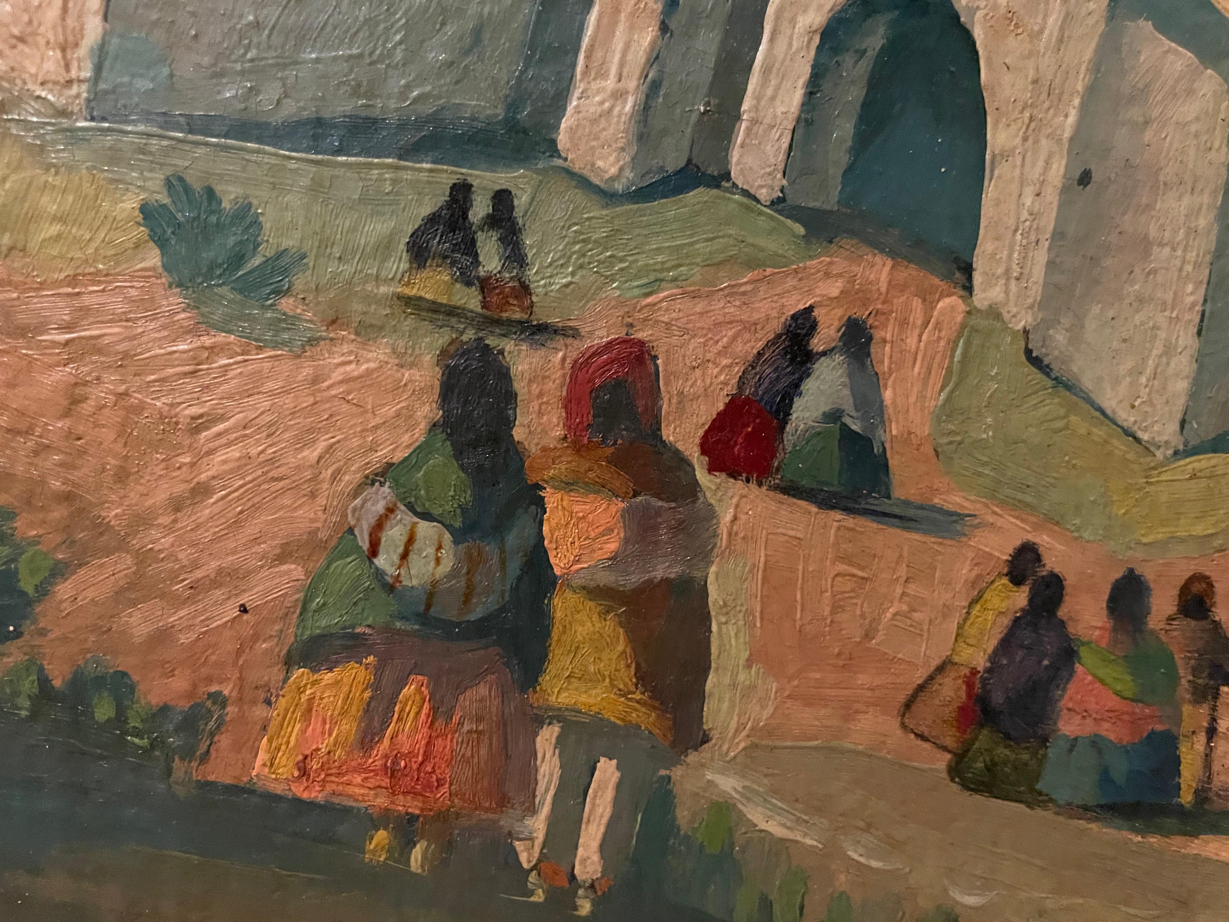 Gaunio appears to have been a Mexican artist. The unmistakable Mexican style depicts people dressed in traditional mexican garb gathered around a church in a mountainous area. 
