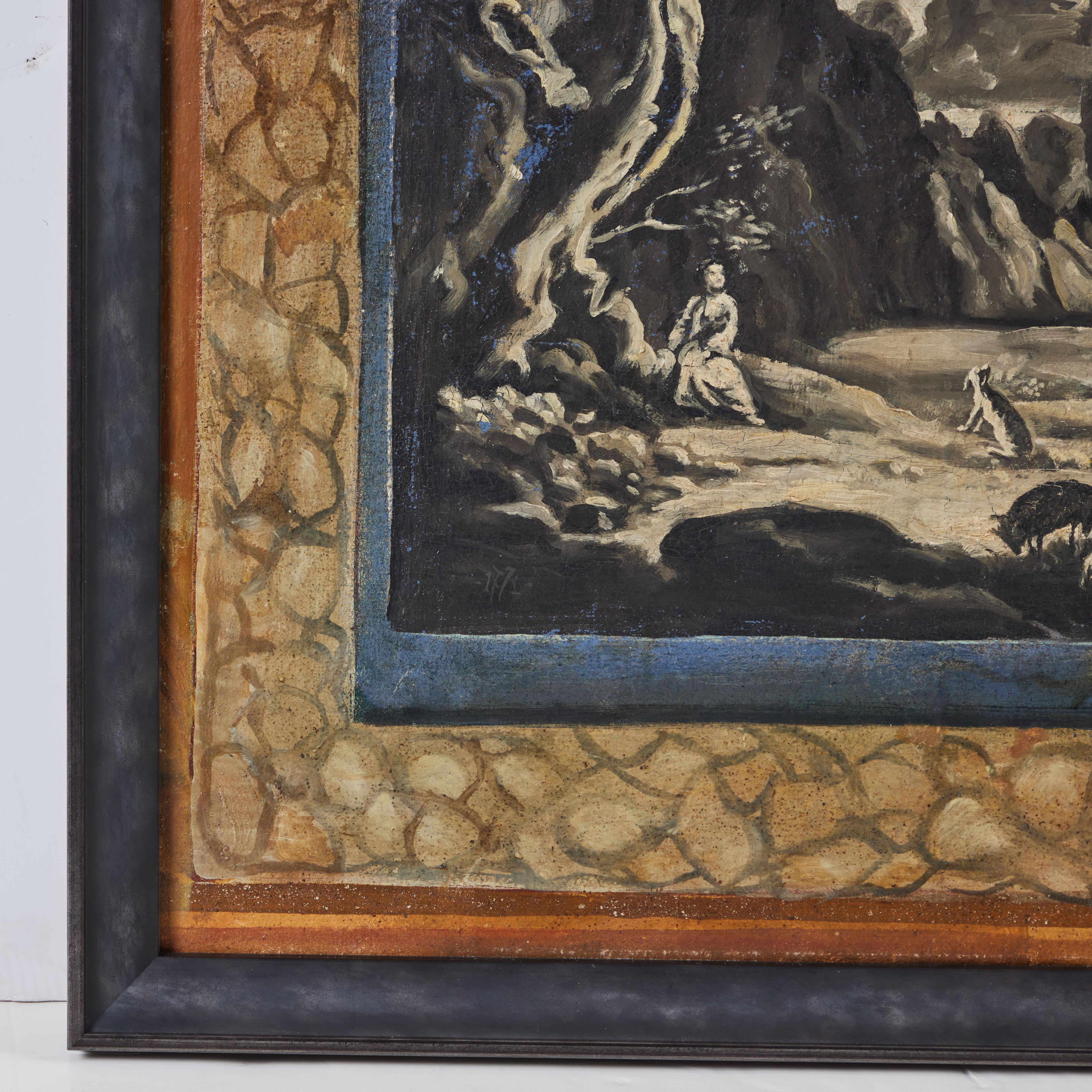 Paysage italien peint à la main à l'huile sur toile avec bordure peinte à la main.  Voir l'autre tableau dans une liste séparée qui forme une paire.