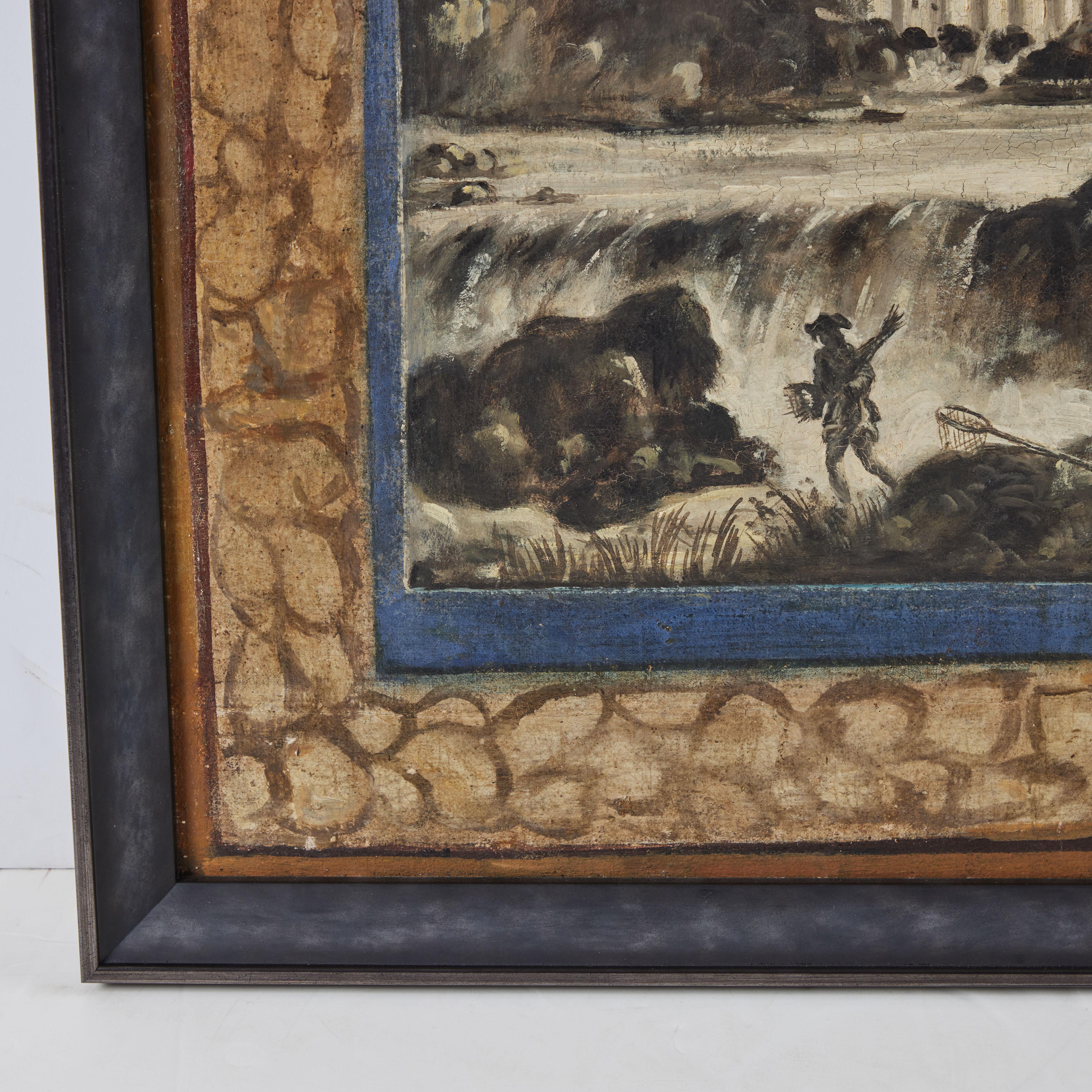 Paysage italien peint à la main à l'huile sur toile avec bordure peinte à la main.  Voir l'autre tableau dans une liste séparée qui forme une paire.